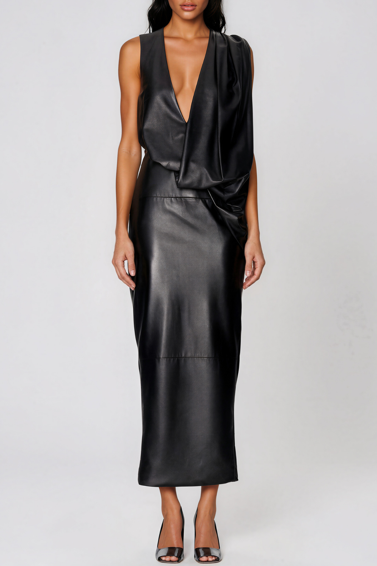 Debra Asymmetric Leather Maxi Dress