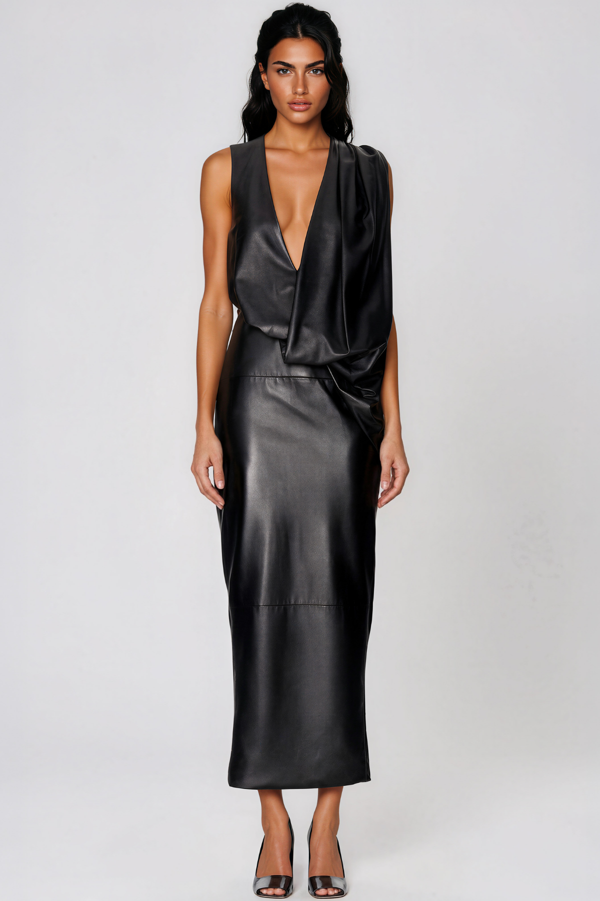 Debra Asymmetric Leather Maxi Dress