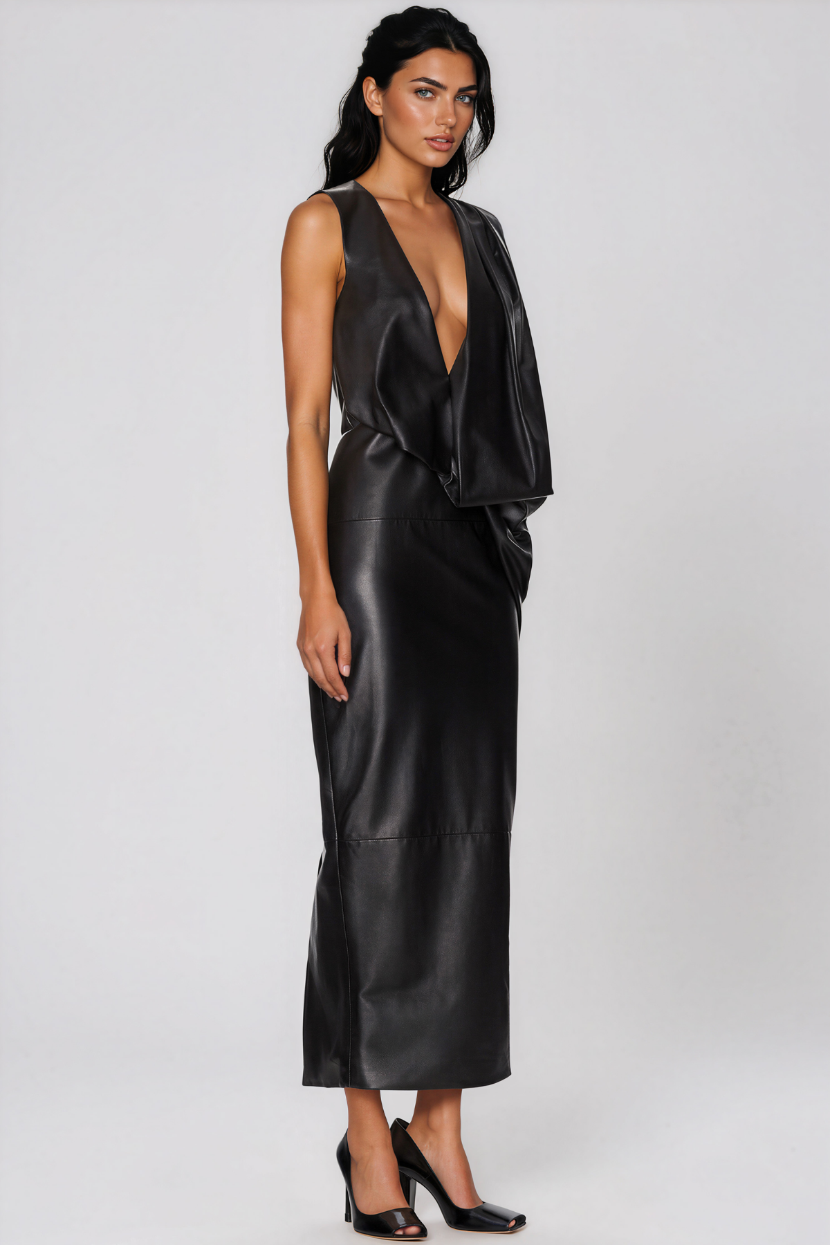 Debra Asymmetric Leather Maxi Dress