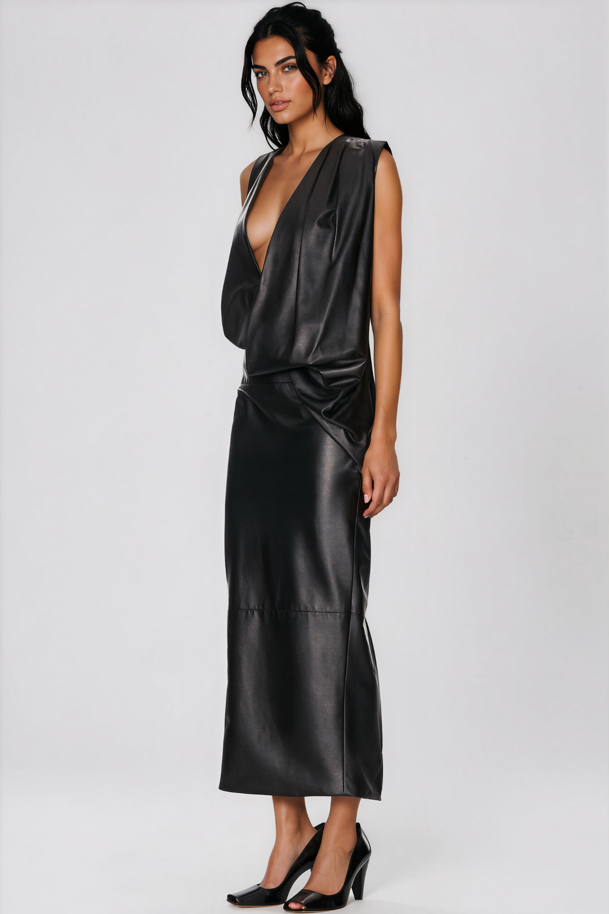 Debra Asymmetric Leather Maxi Dress