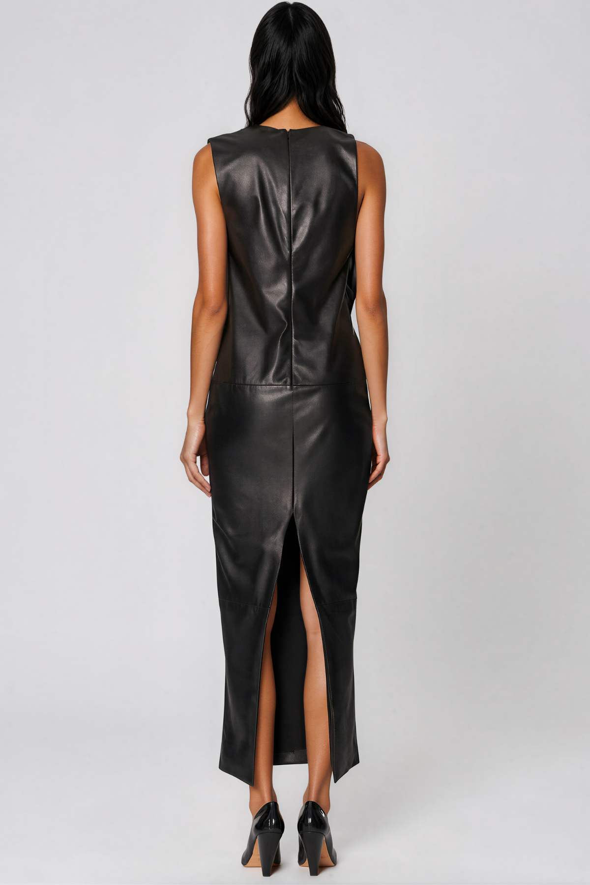 Debra Asymmetric Leather Maxi Dress