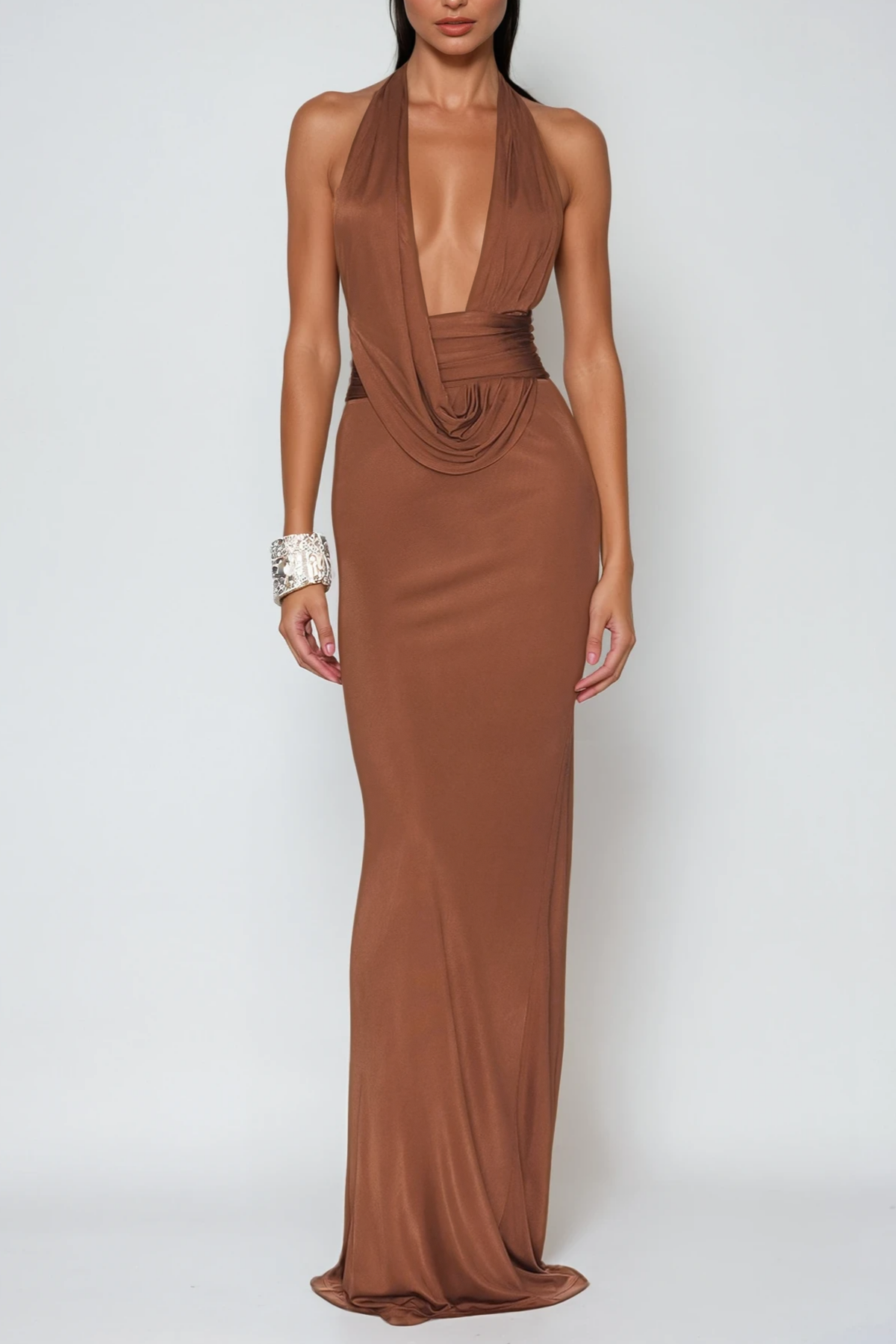 Debra Plunge Backless Ruch Maxi Dress