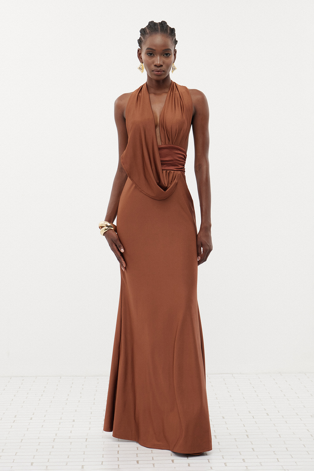 Debra Plunge Backless Ruch Maxi Dress
