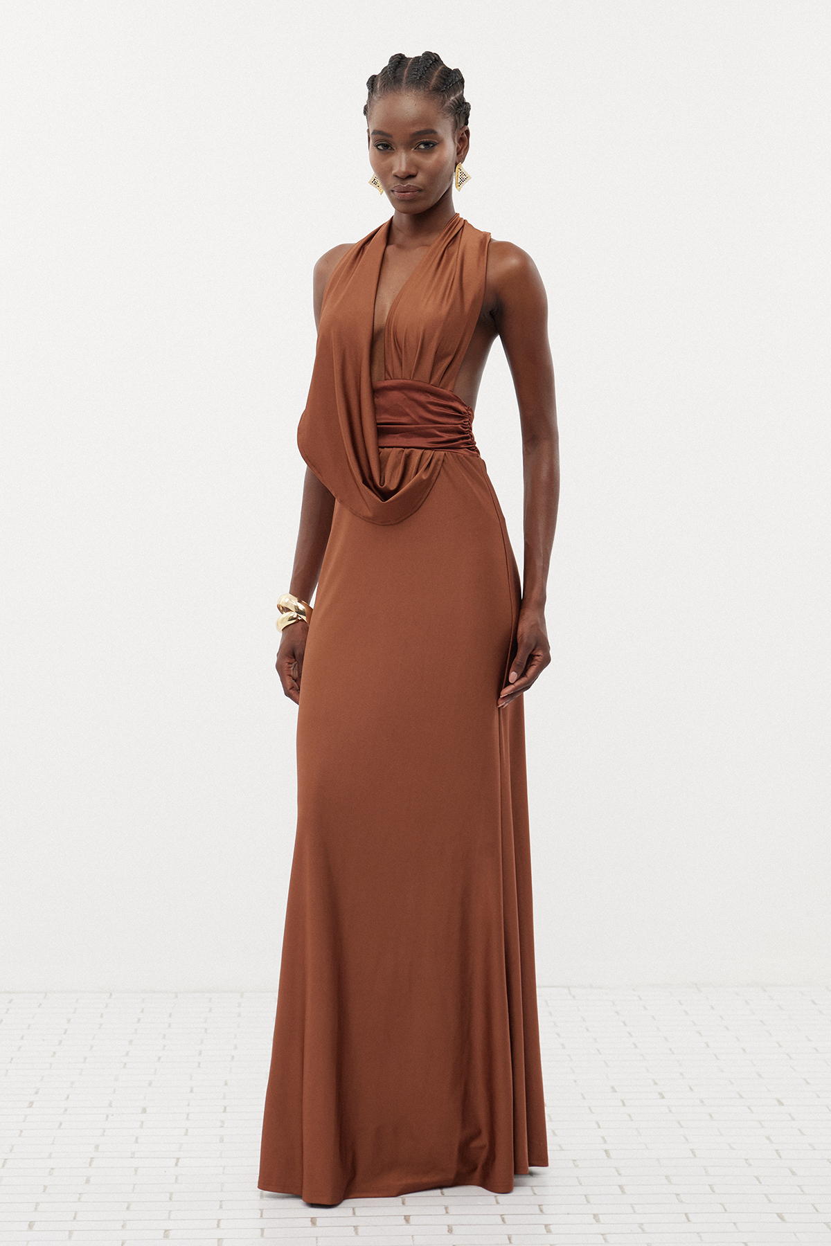 Debra Plunge Backless Ruch Maxi Dress