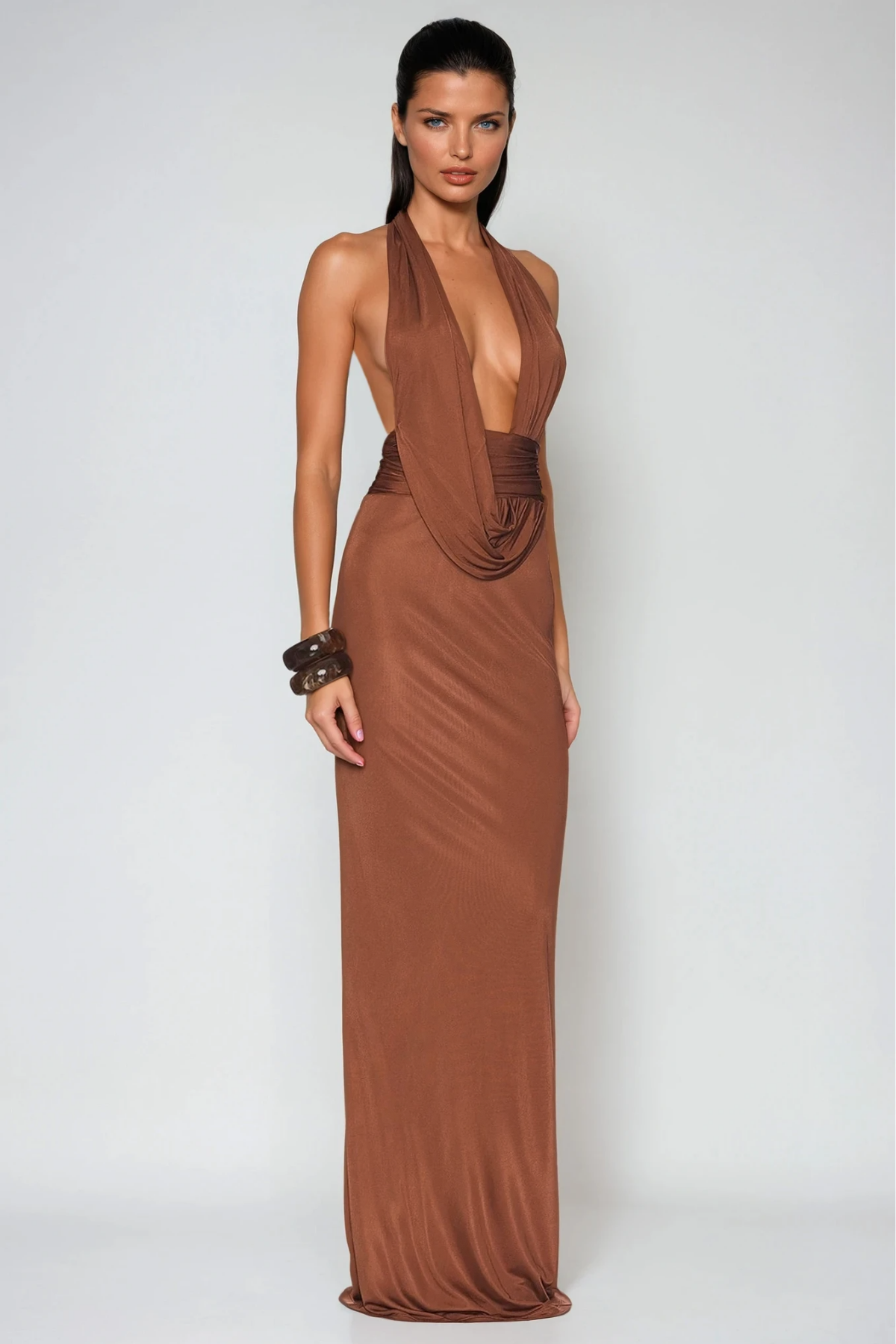 Debra Plunge Backless Ruch Maxi Dress