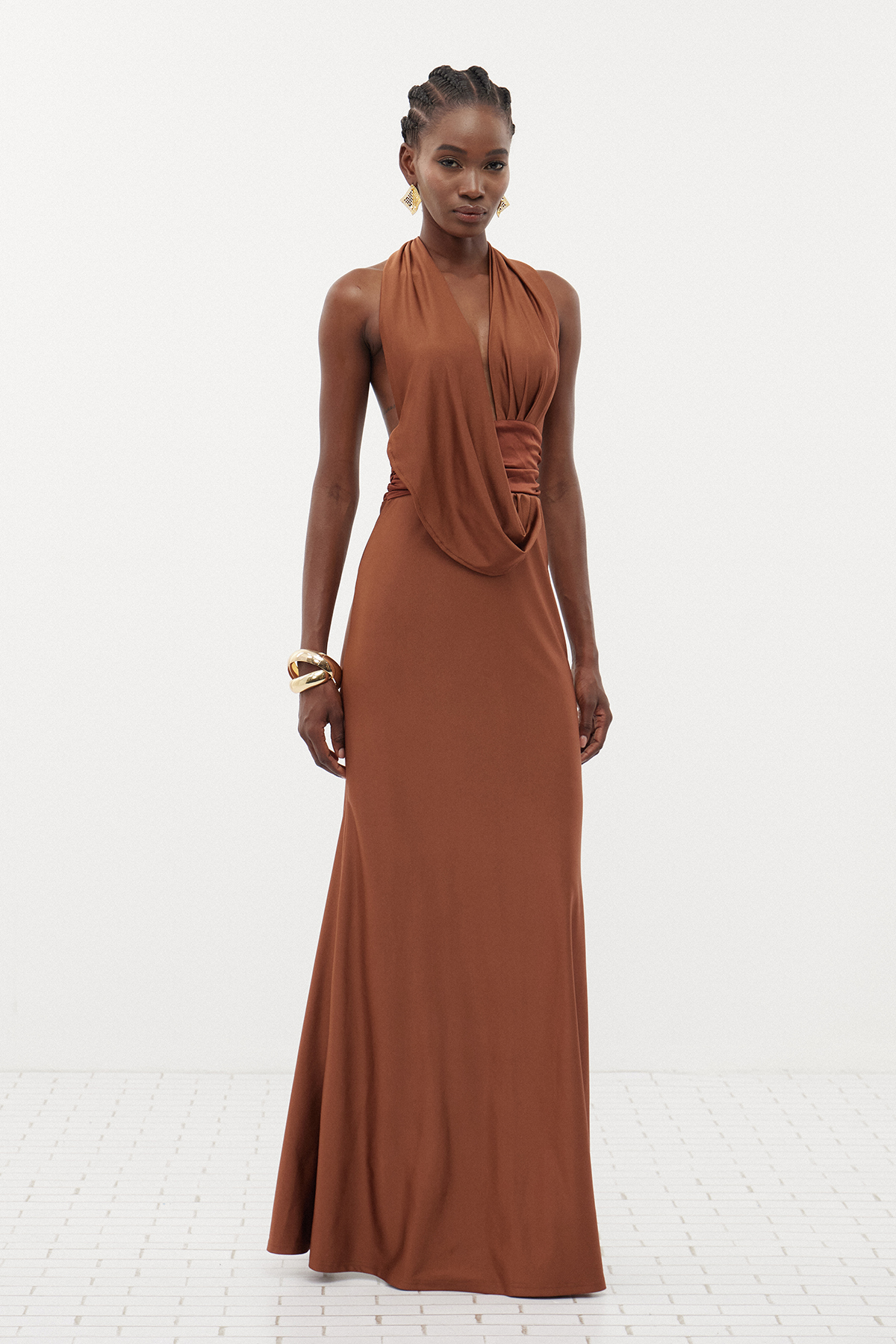 Debra Plunge Backless Ruch Maxi Dress