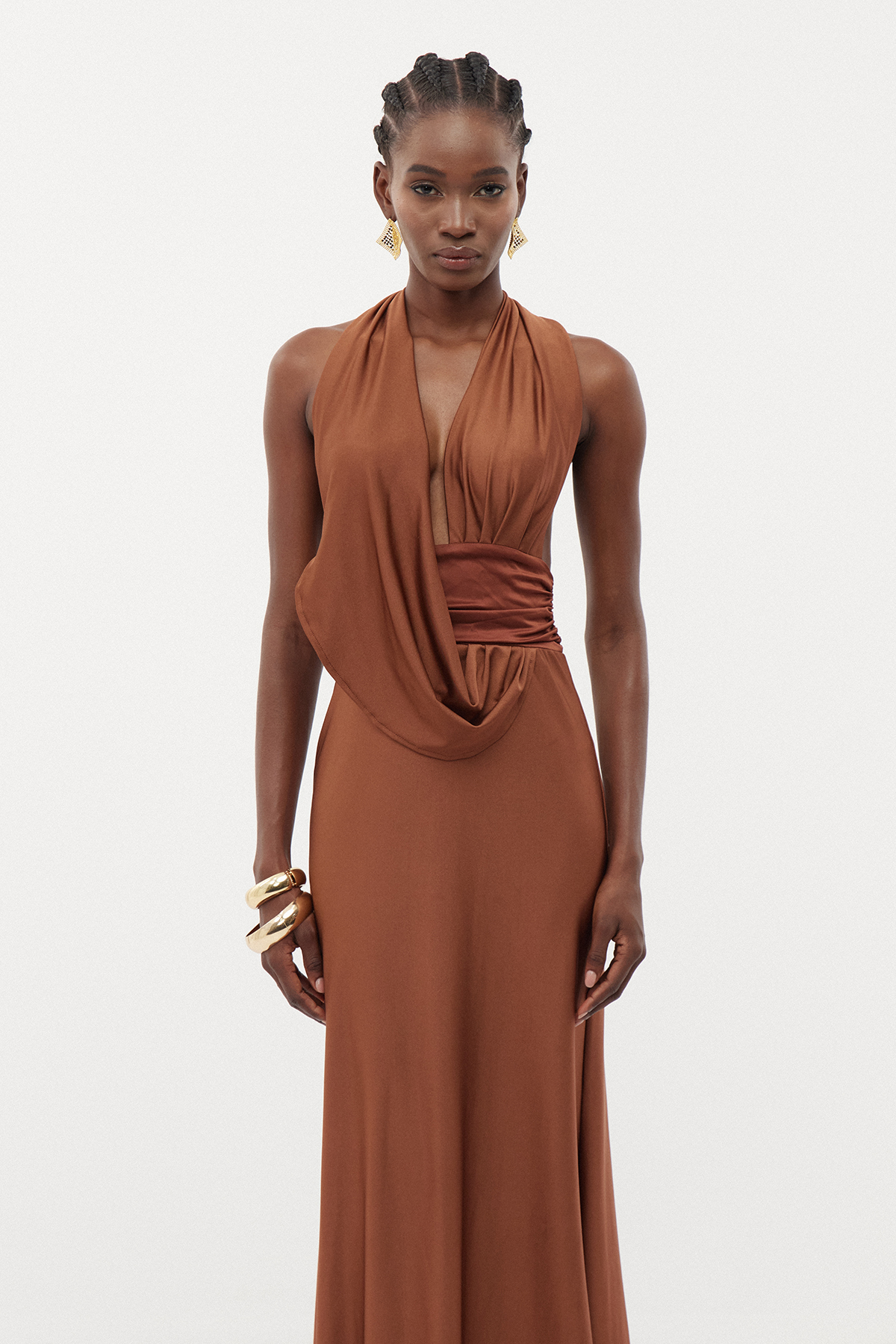 Debra Plunge Backless Ruch Maxi Dress