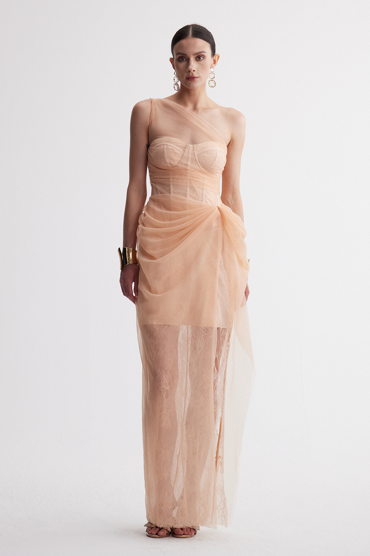 Dechen Draped Lace Mesh Maxi Dress