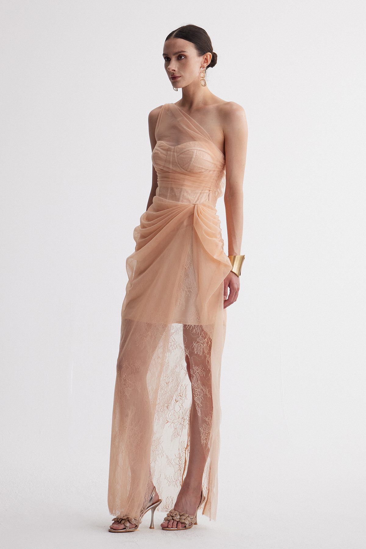 Dechen Draped Lace Mesh Maxi Dress