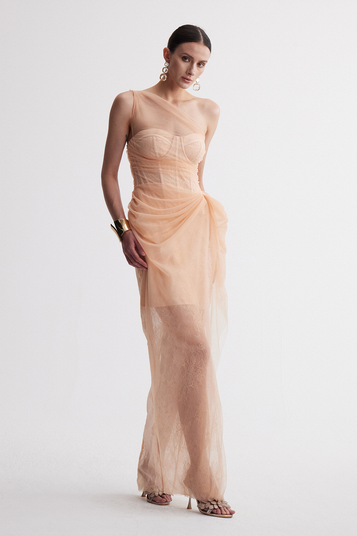 Dechen Draped Lace Mesh Maxi Dress