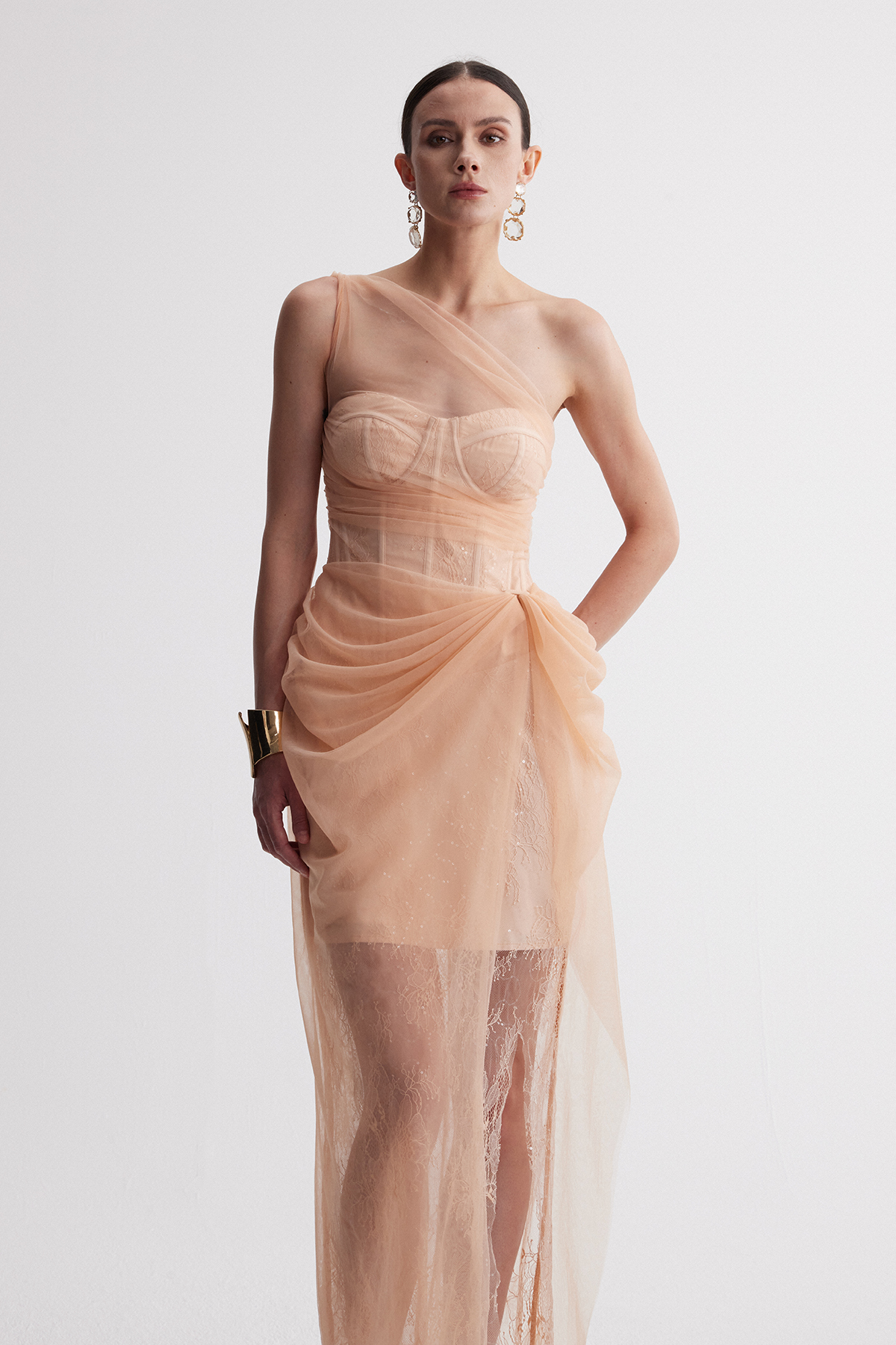 Dechen Draped Lace Mesh Maxi Dress