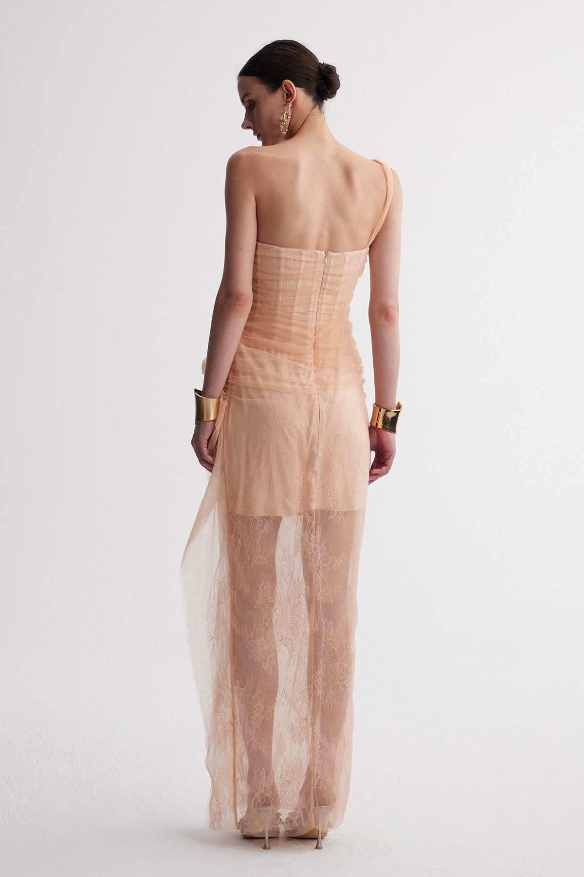 Dechen Draped Lace Mesh Maxi Dress