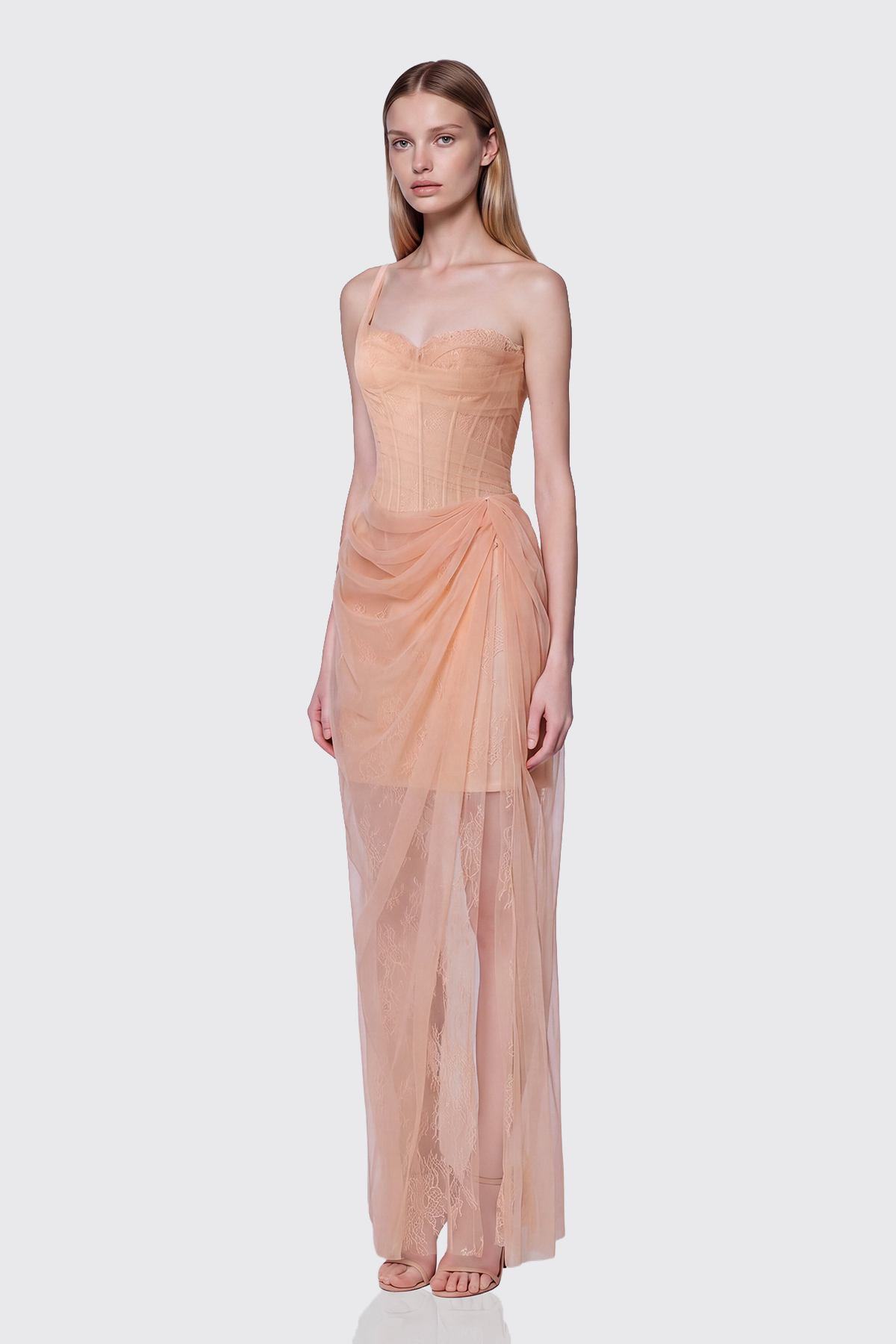 Dechen One Shoulder Corset Mesh Maxi Dress In Apricot