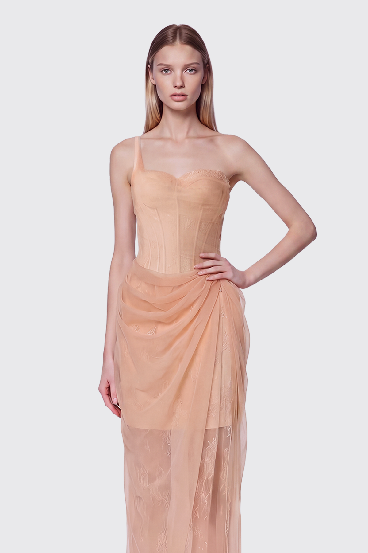 Dechen One Shoulder Corset Mesh Maxi Dress In Apricot
