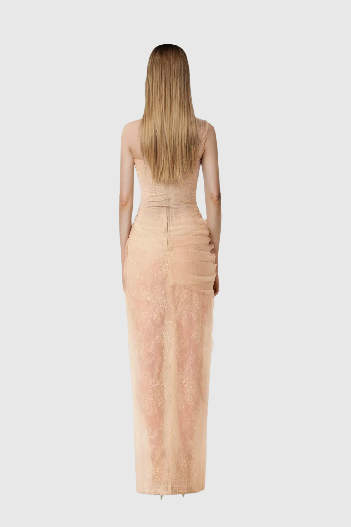 Dechen One Shoulder Corset Mesh Maxi Dress In Apricot