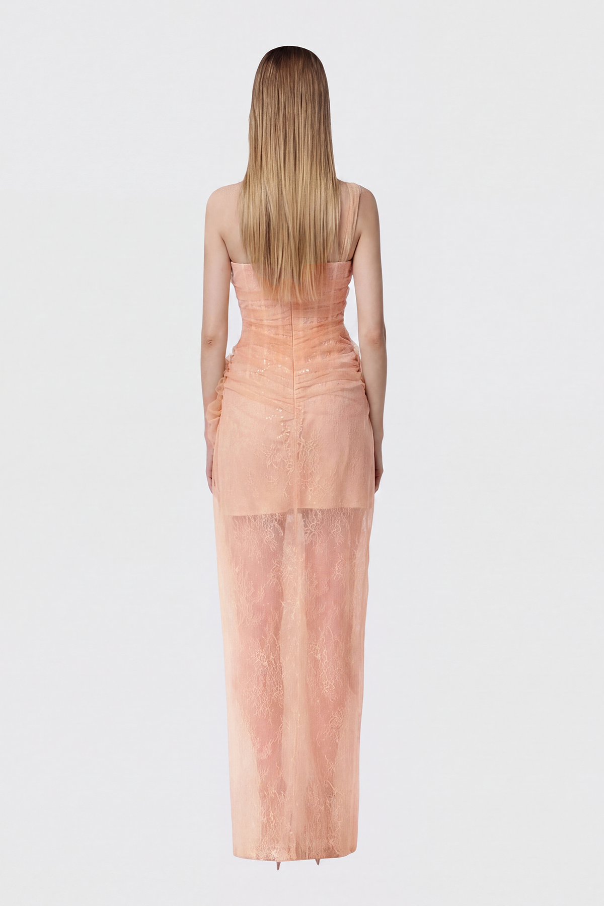 Dechen One Shoulder Corset Mesh Maxi Dress In Apricot