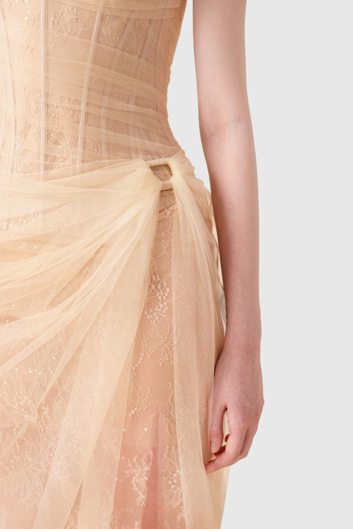 Dechen One Shoulder Corset Mesh Maxi Dress In Apricot