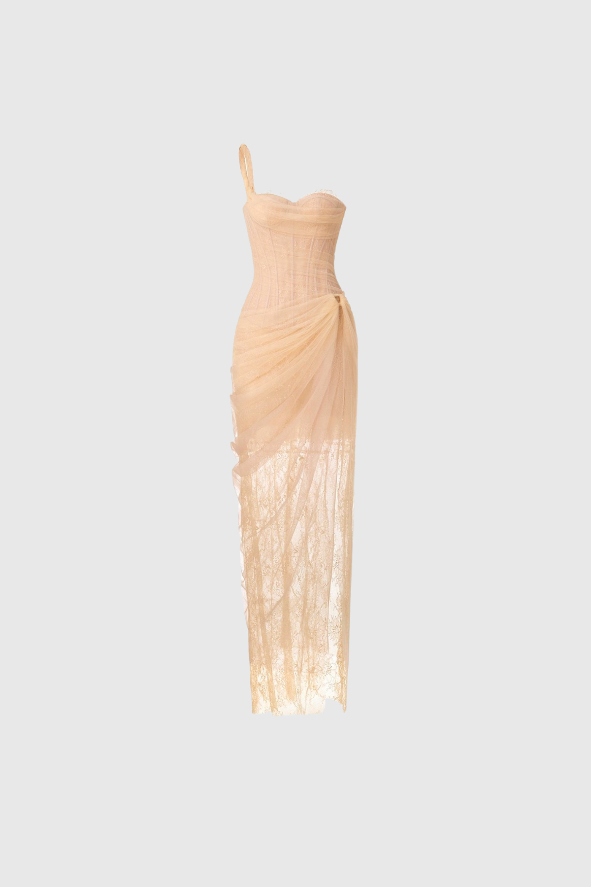 Dechen One Shoulder Corset Mesh Maxi Dress In Apricot