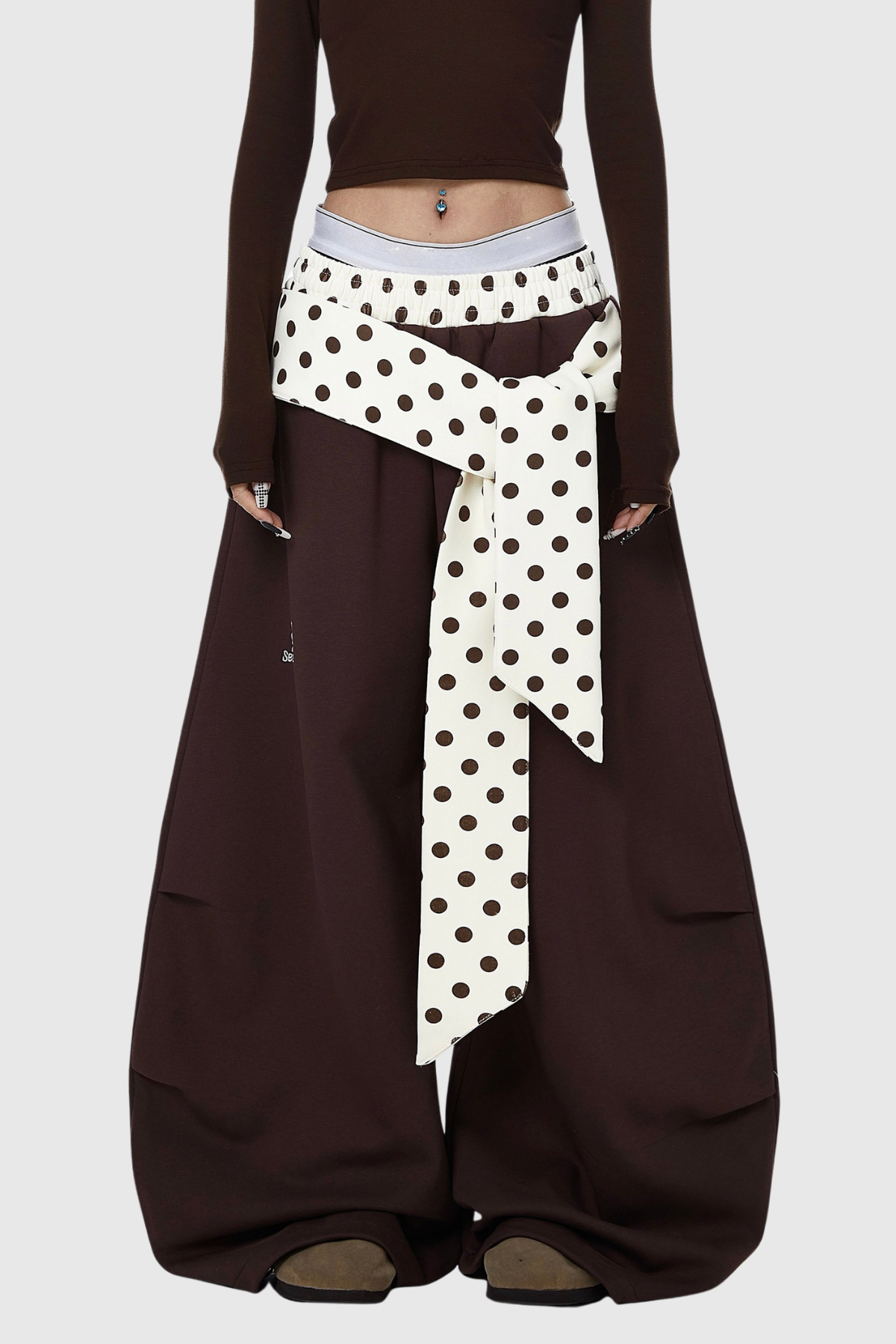 Deedee Tie Up Dot Baggy Pants In Brown