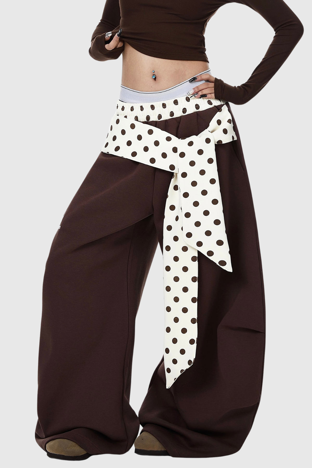 Deedee Tie Up Dot Baggy Pants In Brown