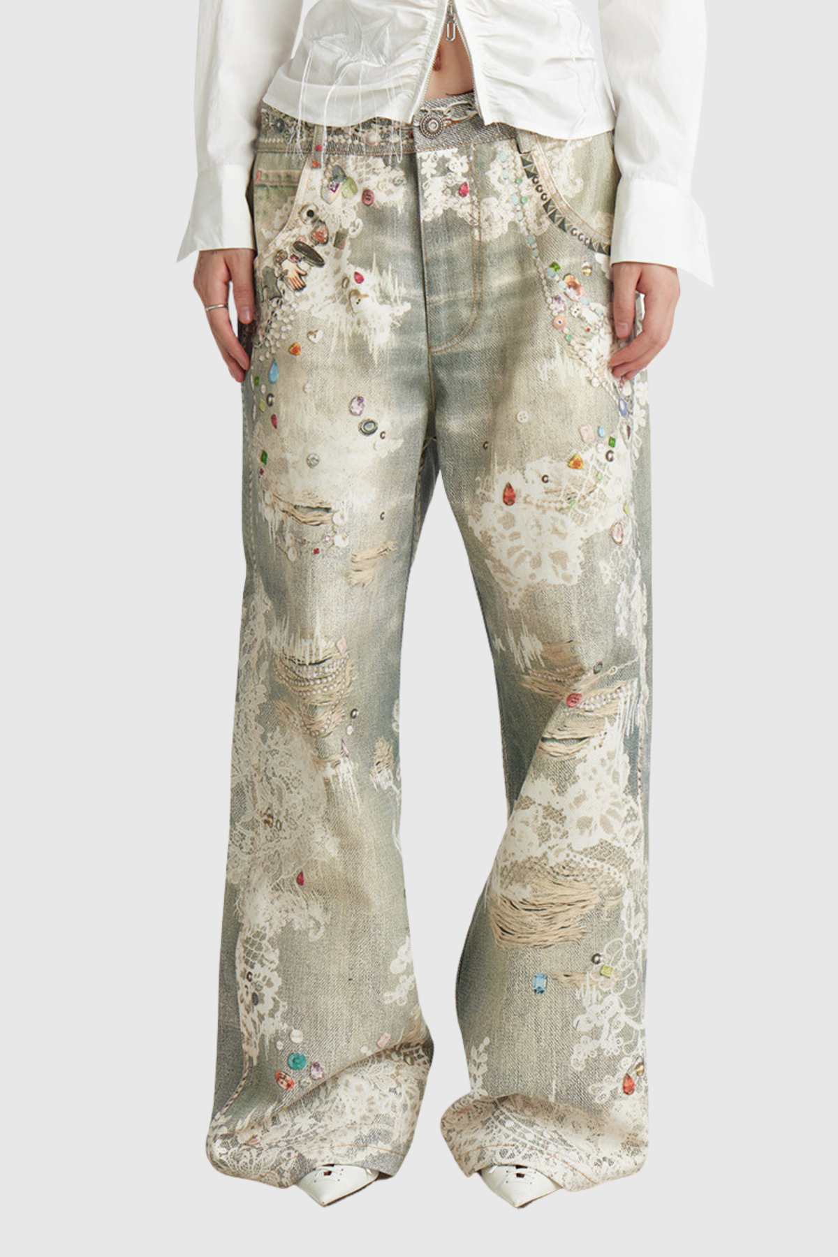 Deemer Print Bleach Dye Barrel Jeans