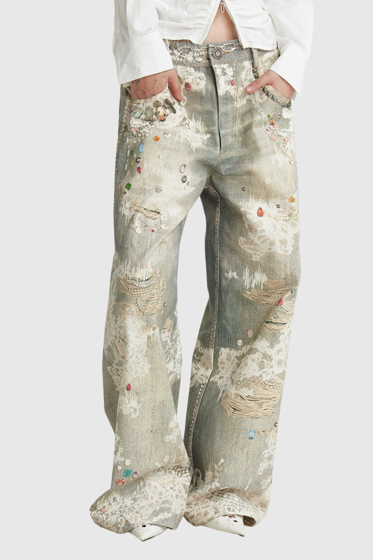 Deemer Print Bleach Dye Barrel Jeans
