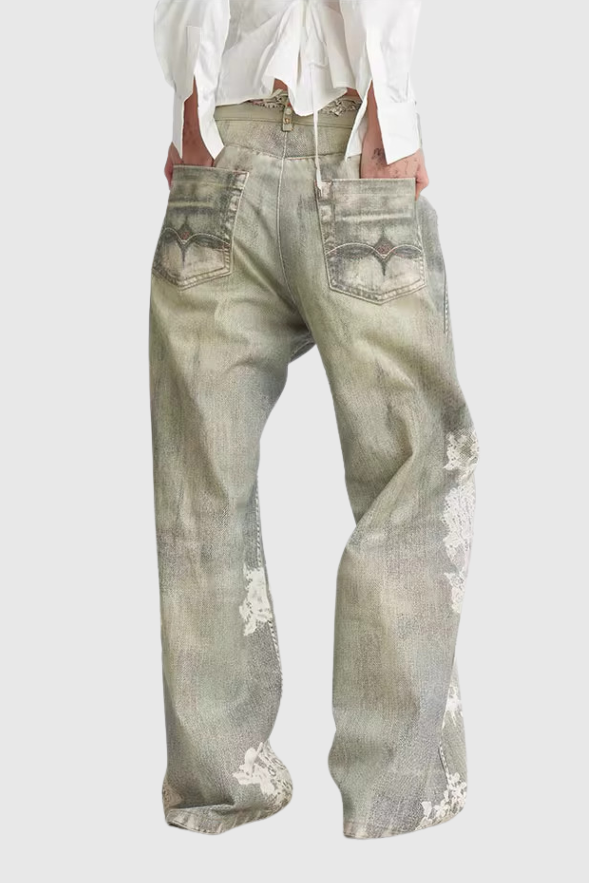 Deemer Print Bleach Dye Barrel Jeans