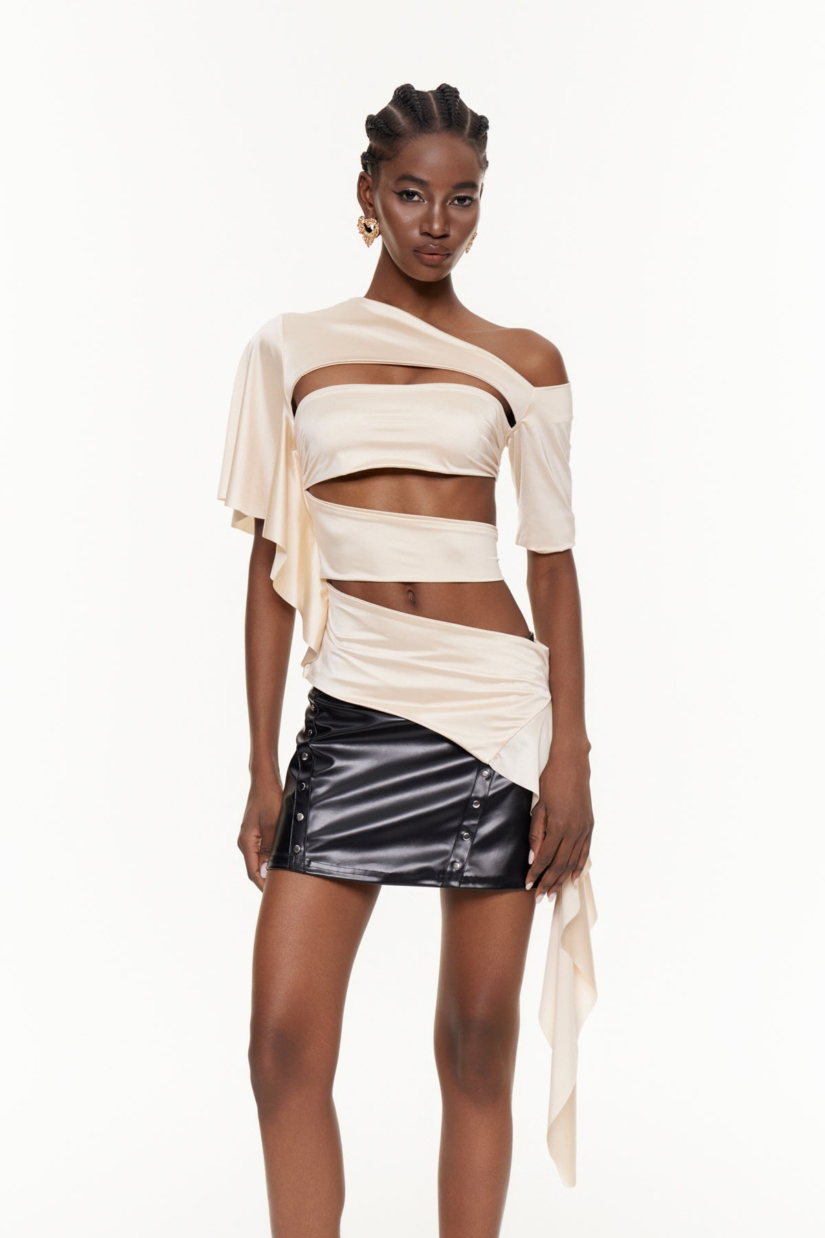 Deimne One Shoulder Cutout Satin Top