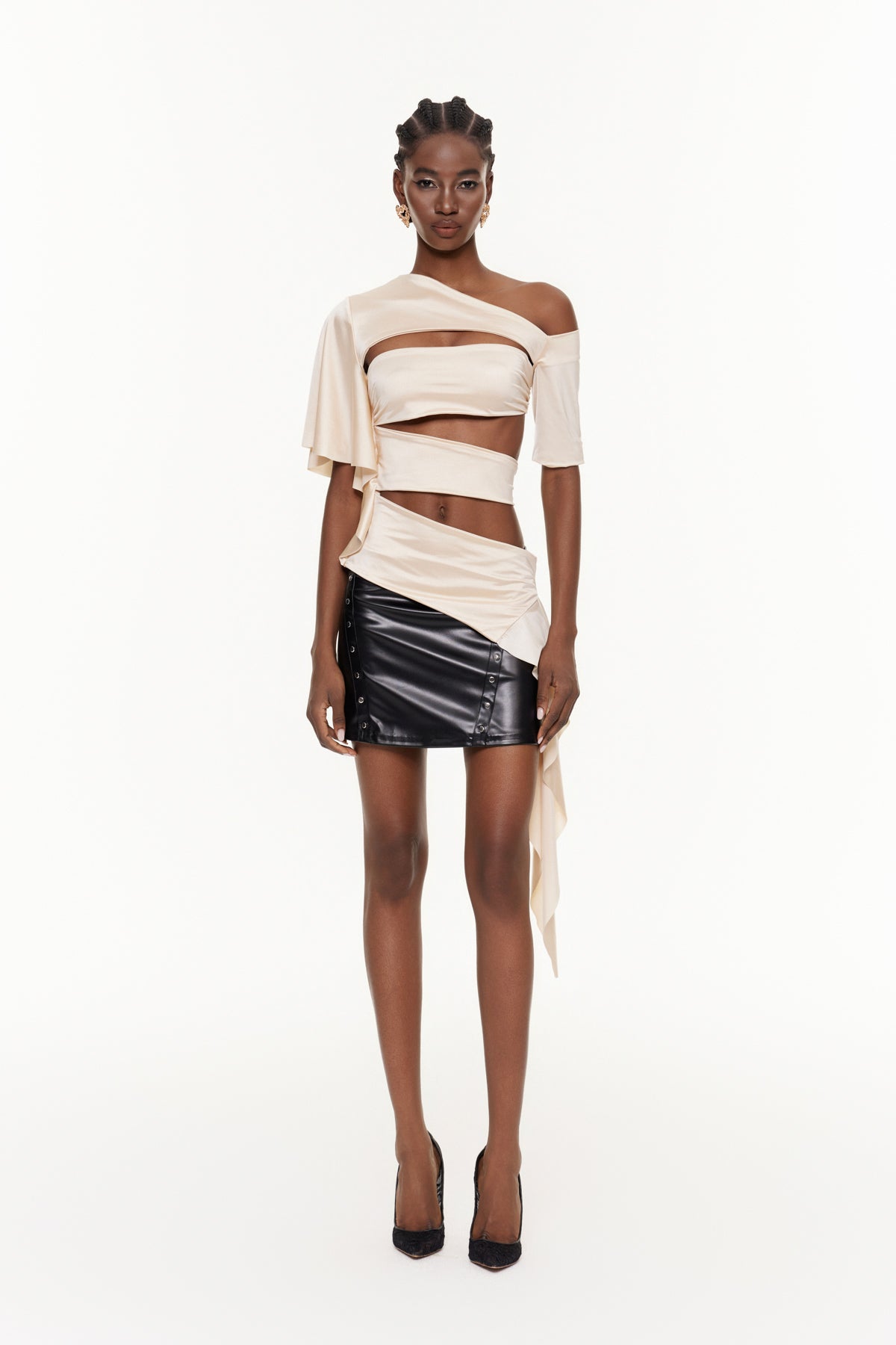 Deimne One Shoulder Cutout Satin Top