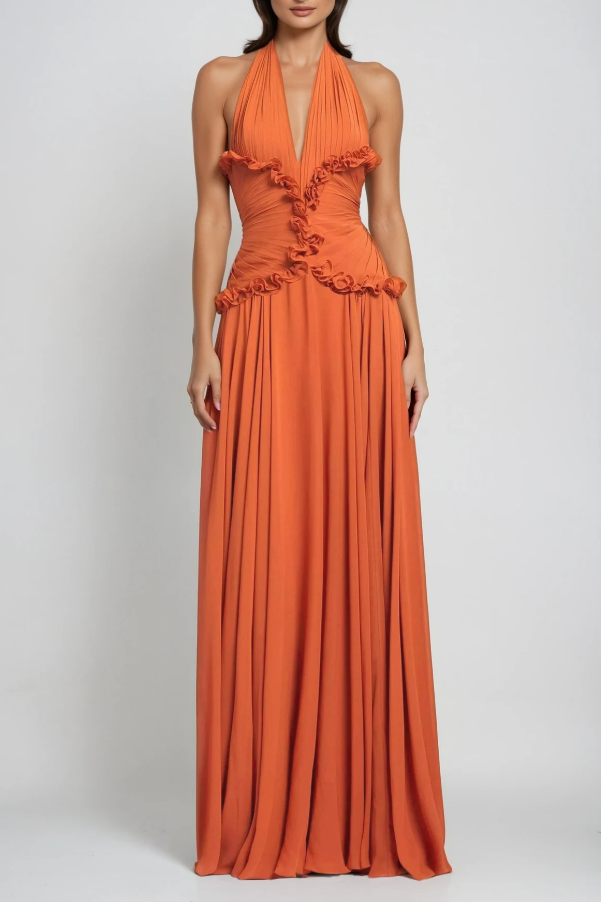 Dekel Halter Neck Ruffle Maxi Dress In Orange