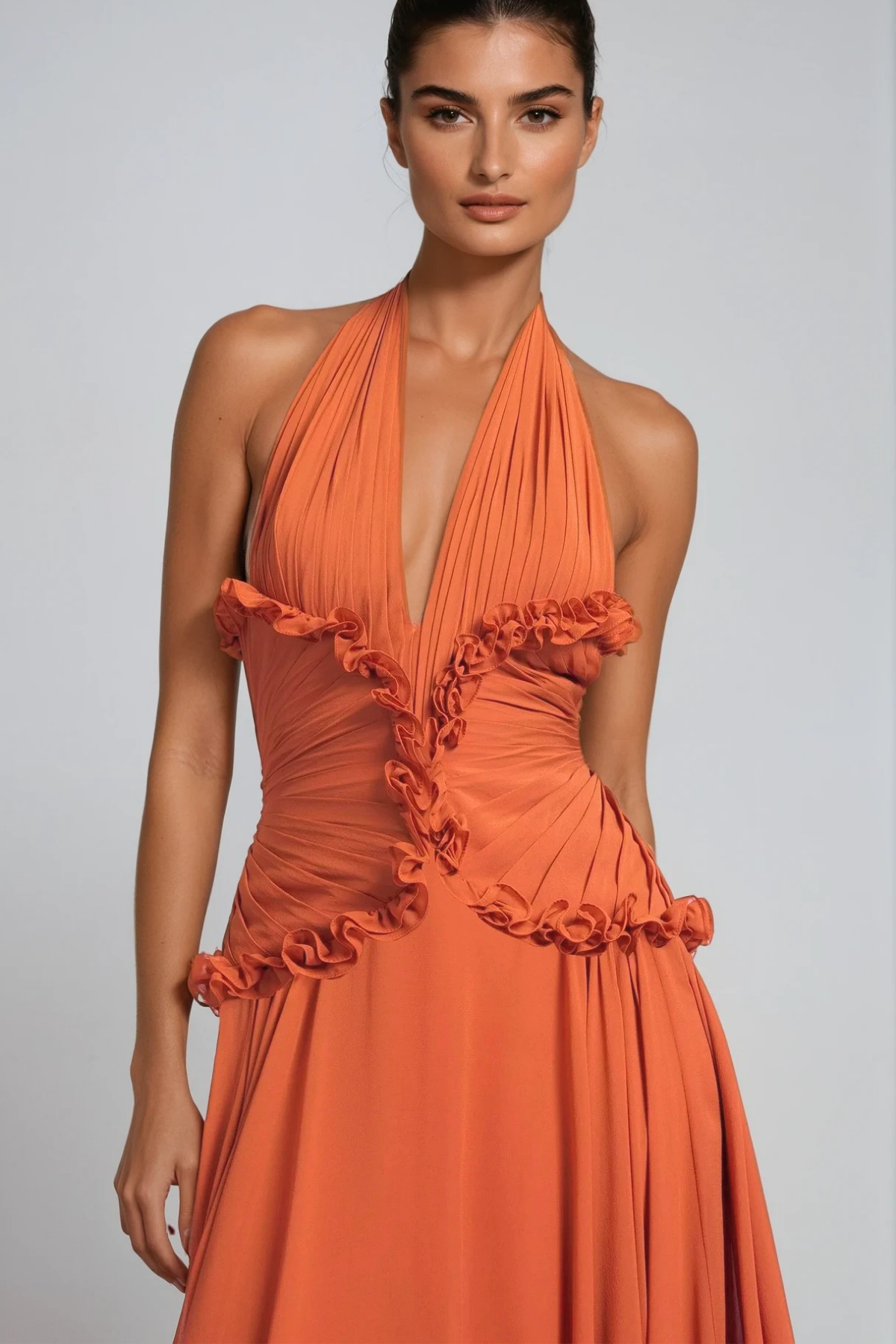 Dekel Halter Neck Ruffle Maxi Dress In Orange