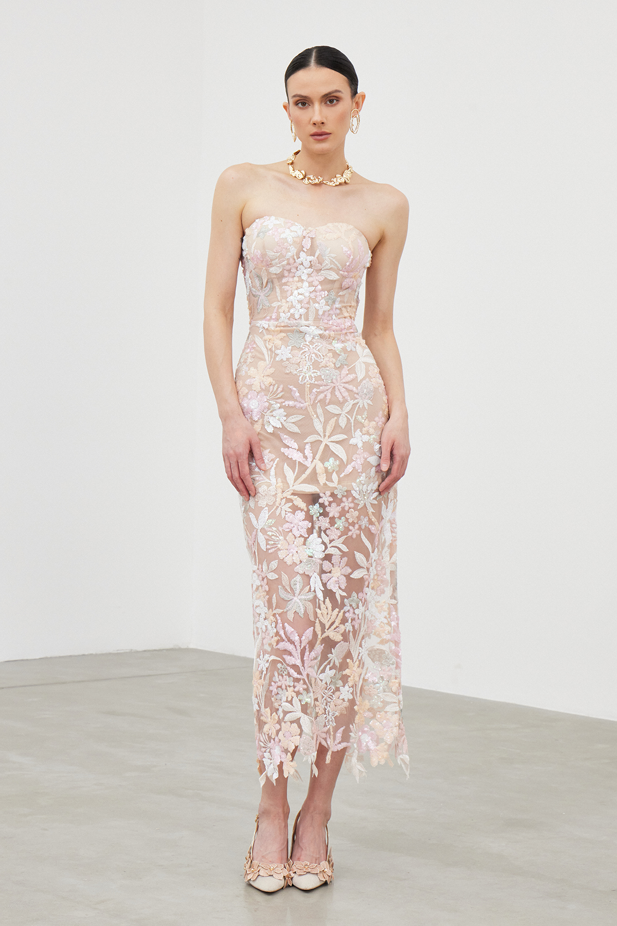 Denica Embroidered Sequin Floral Midi Dress