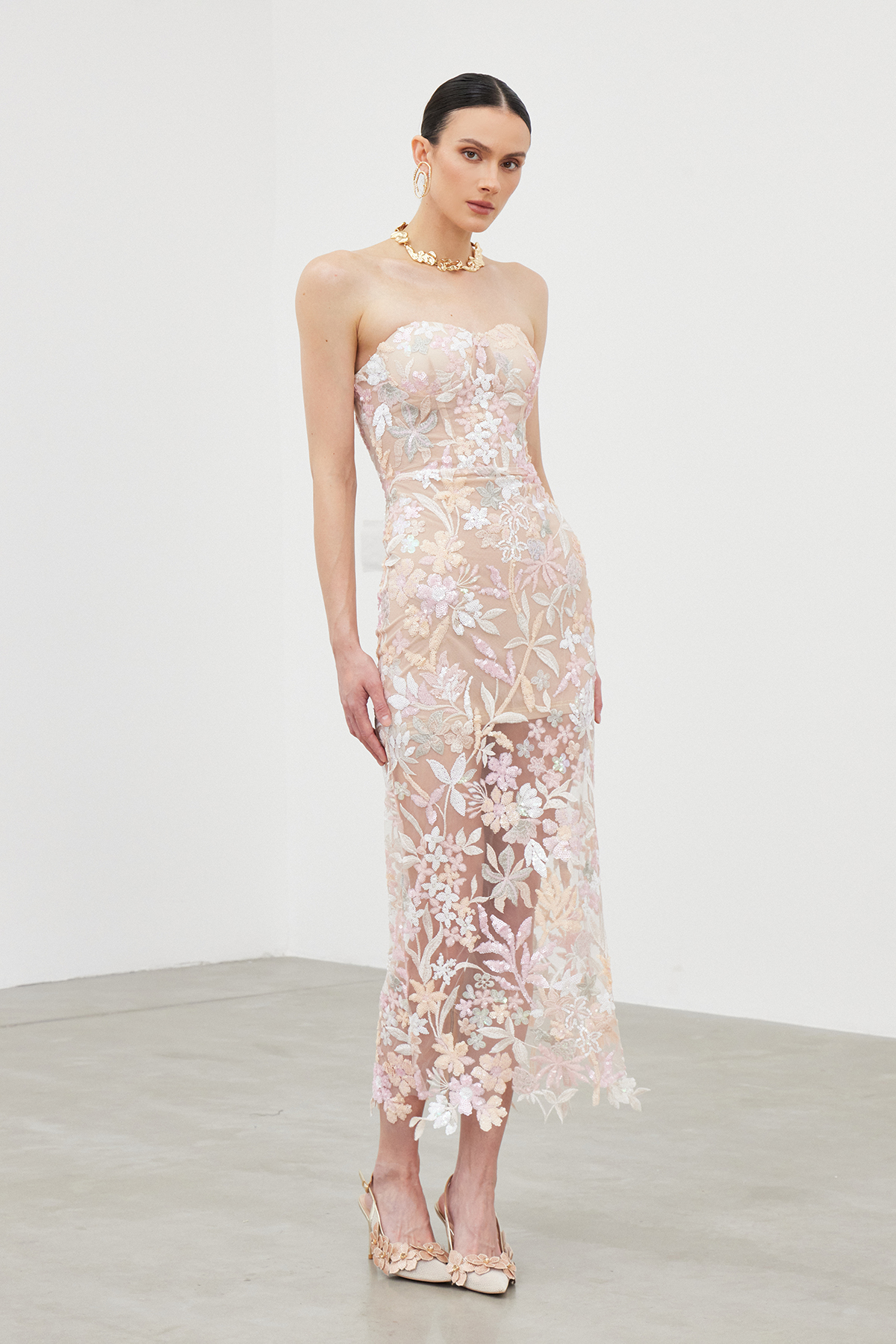 Denica Embroidered Sequin Floral Midi Dress