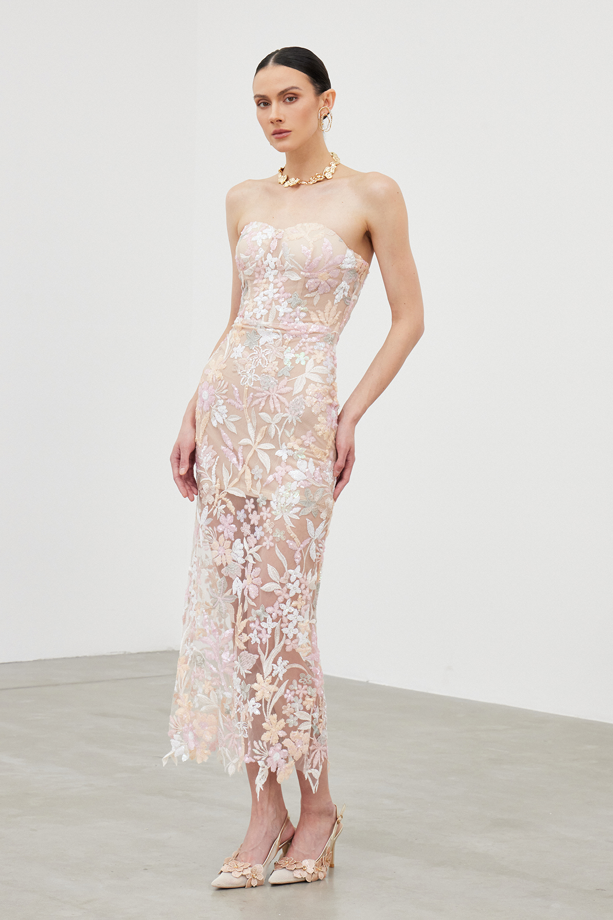 Denica Embroidered Sequin Floral Midi Dress
