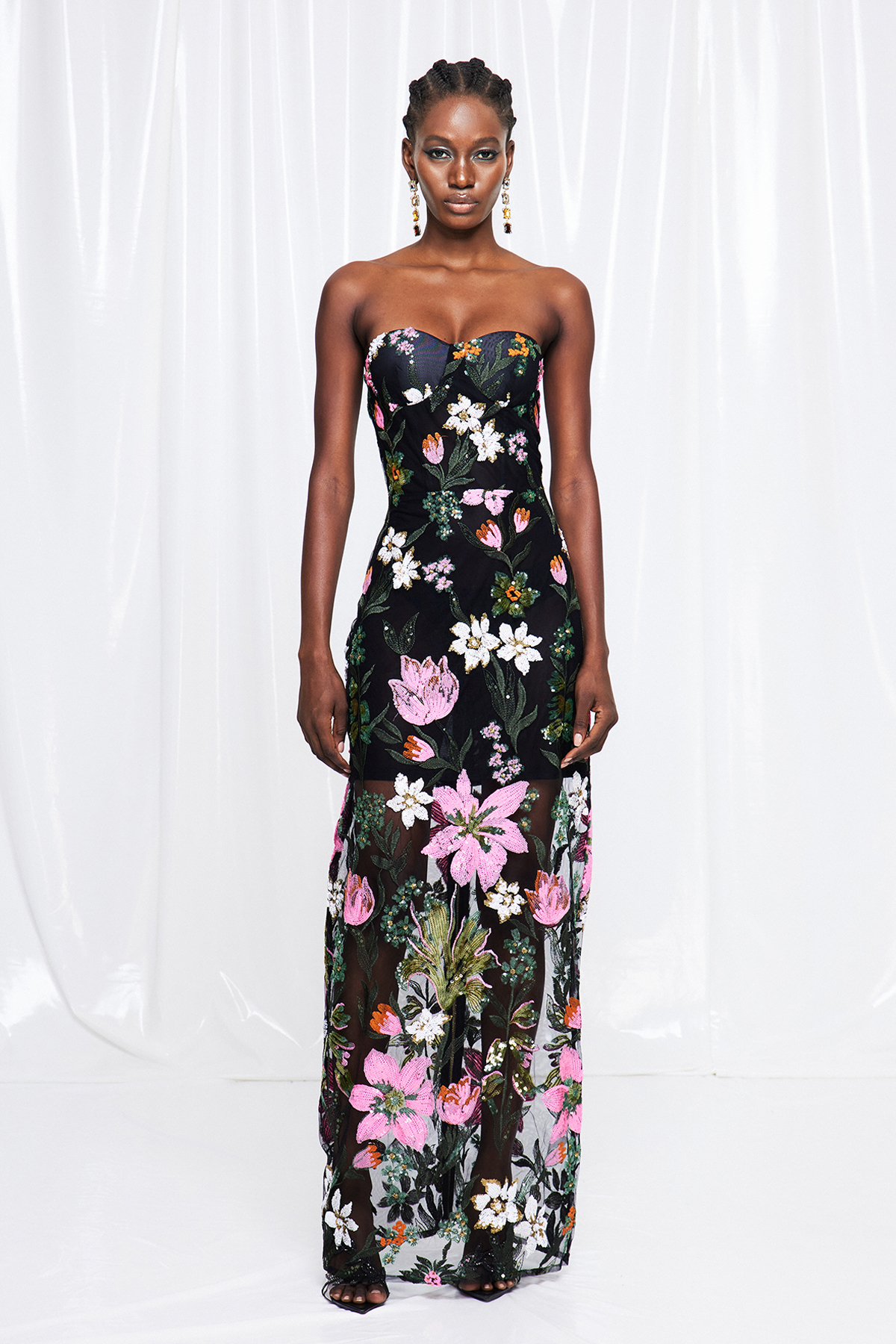 Denica Sequin Floral Mesh Maxi Dress