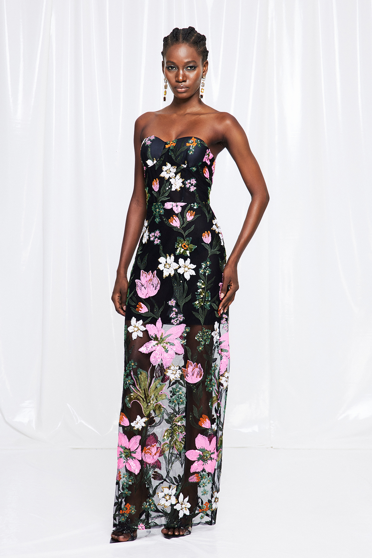 Denica Sequin Floral Mesh Maxi Dress