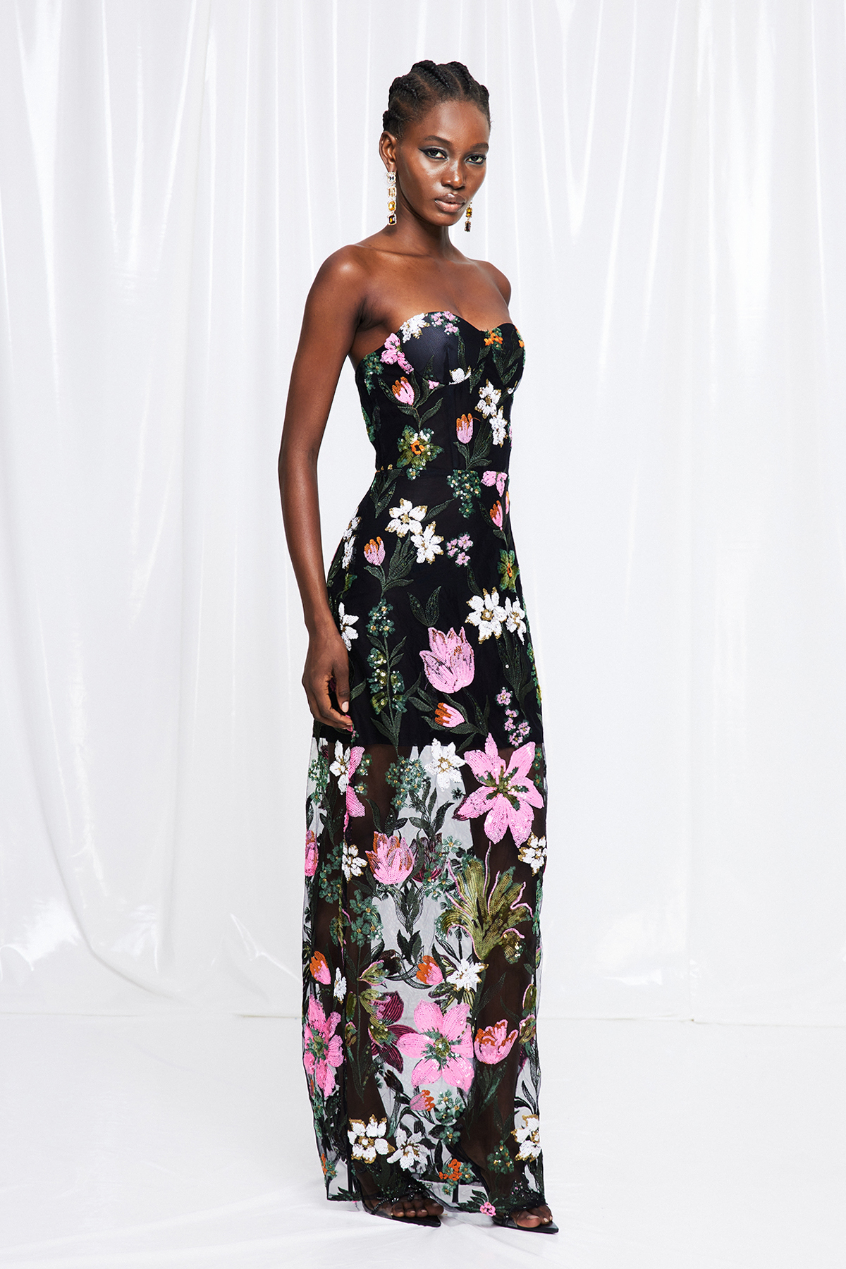 Denica Sequin Floral Mesh Maxi Dress