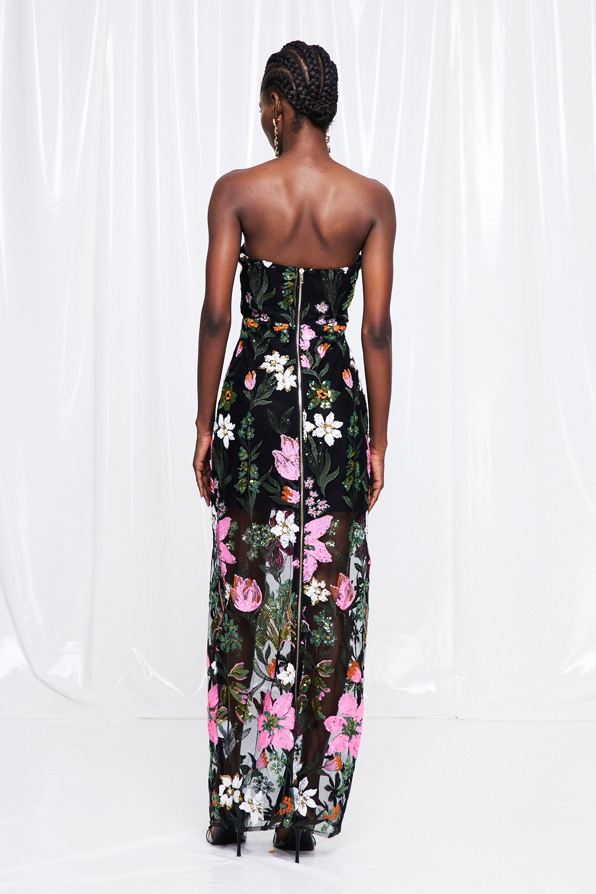 Denica Sequin Floral Mesh Maxi Dress