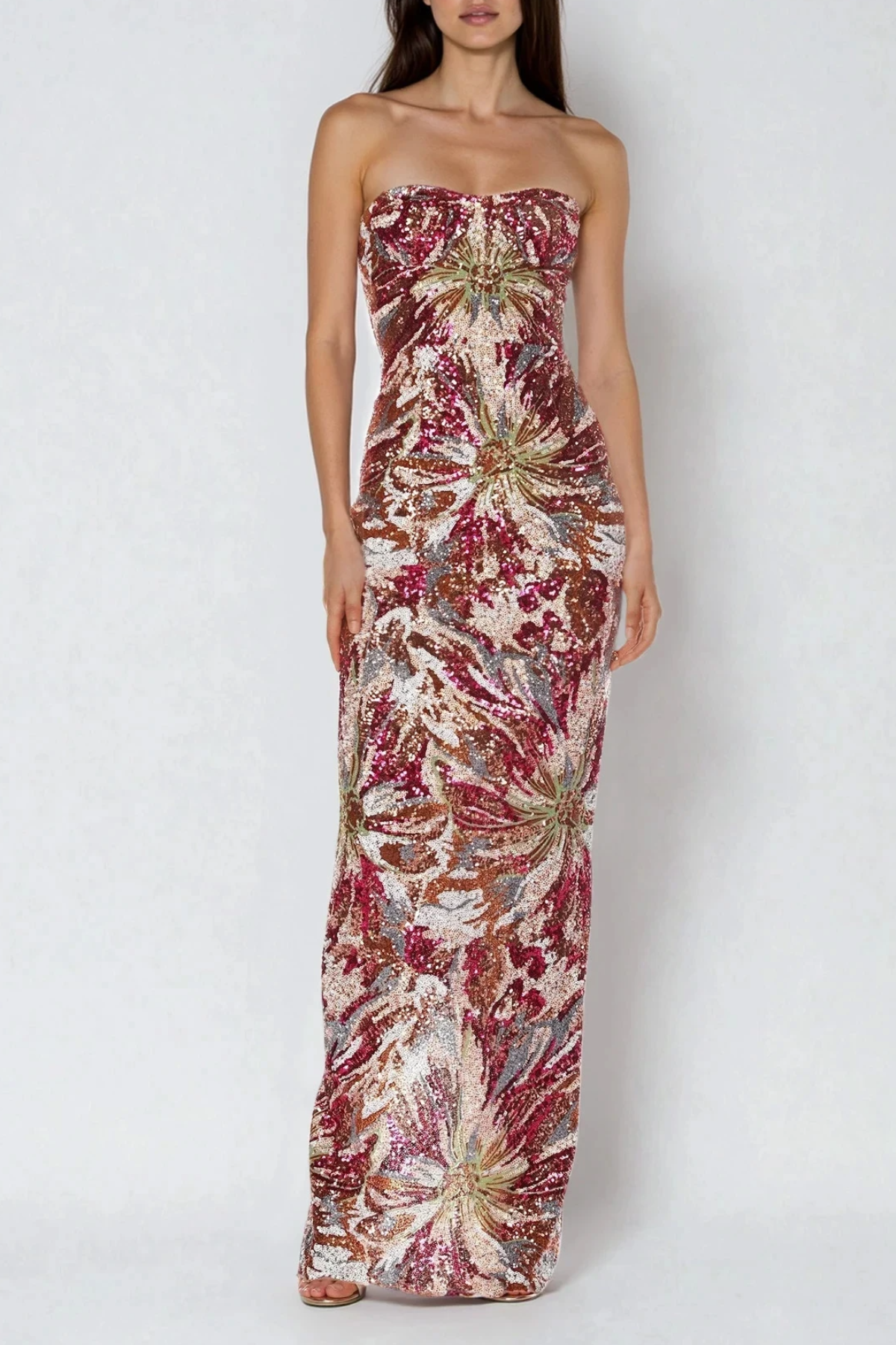 Denica Strapless Embellished Floral Maxi Dress