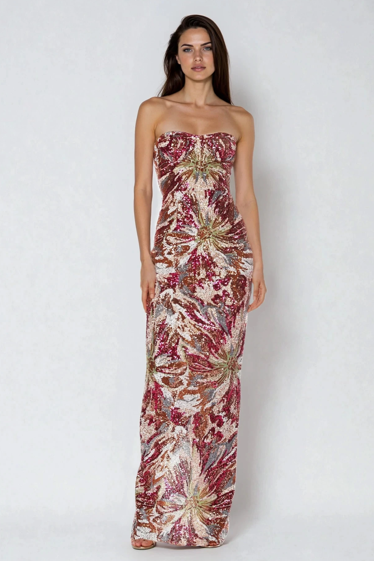 Denica Strapless Embellished Floral Maxi Dress