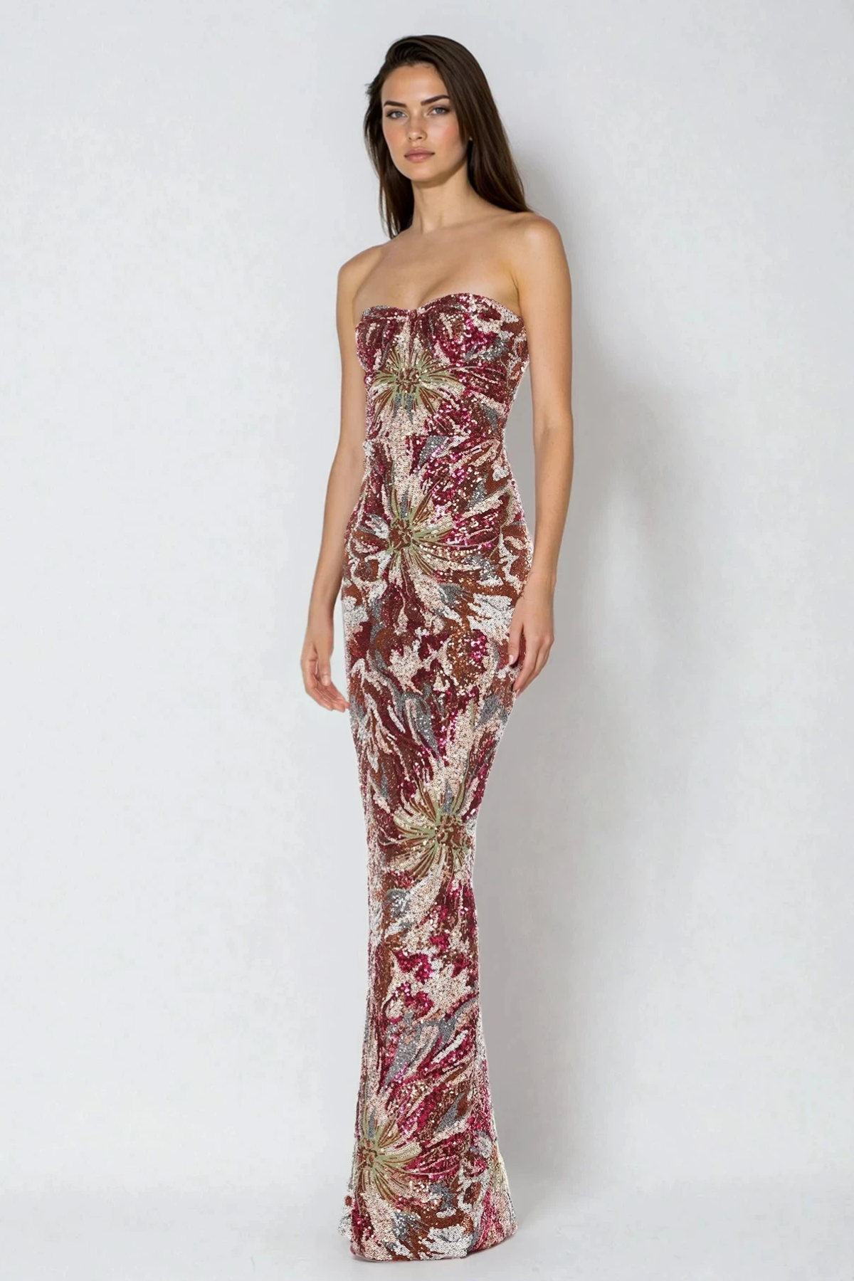 Denica Strapless Embellished Floral Maxi Dress