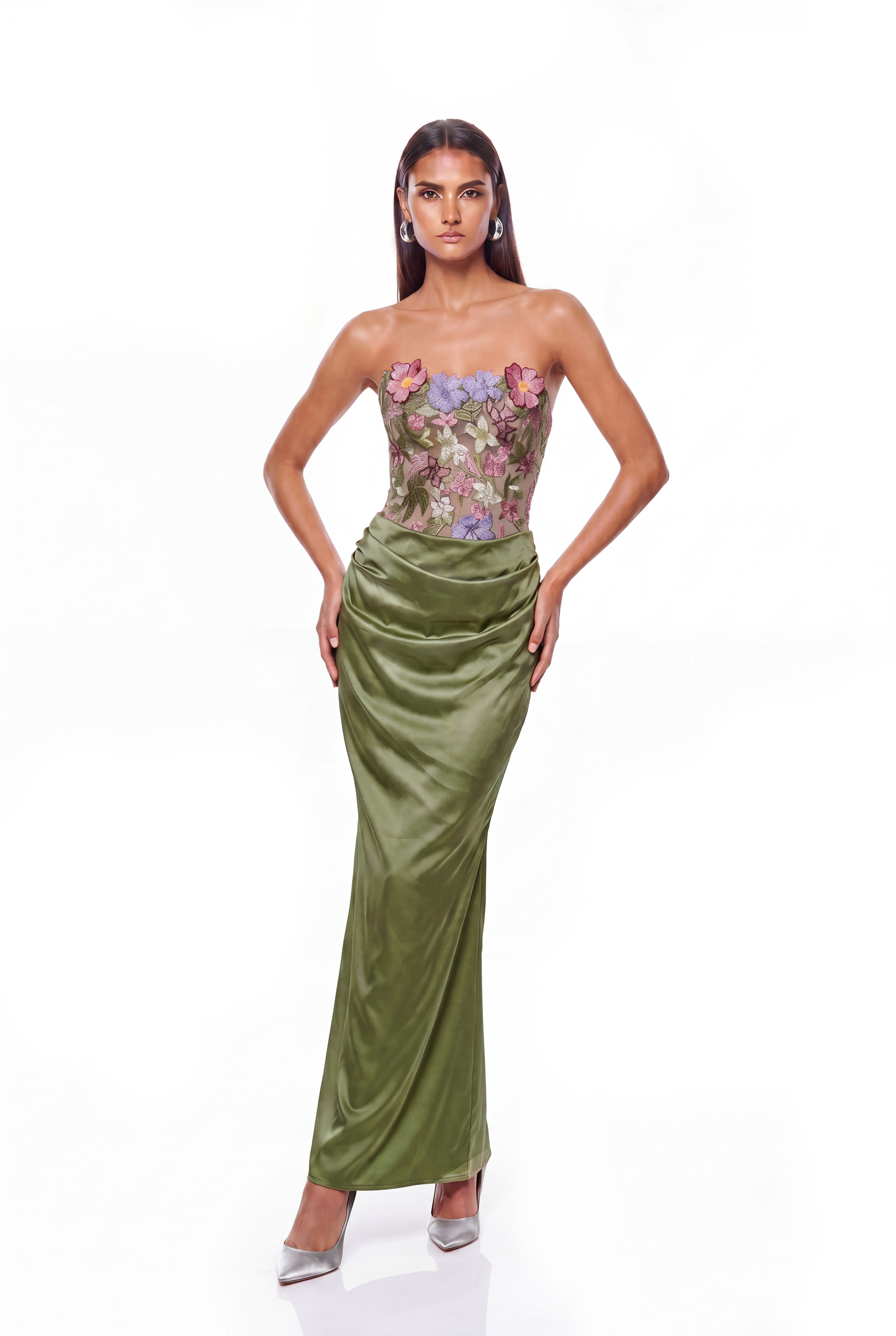 Denica Strapless Floral Satin Maxi Dress