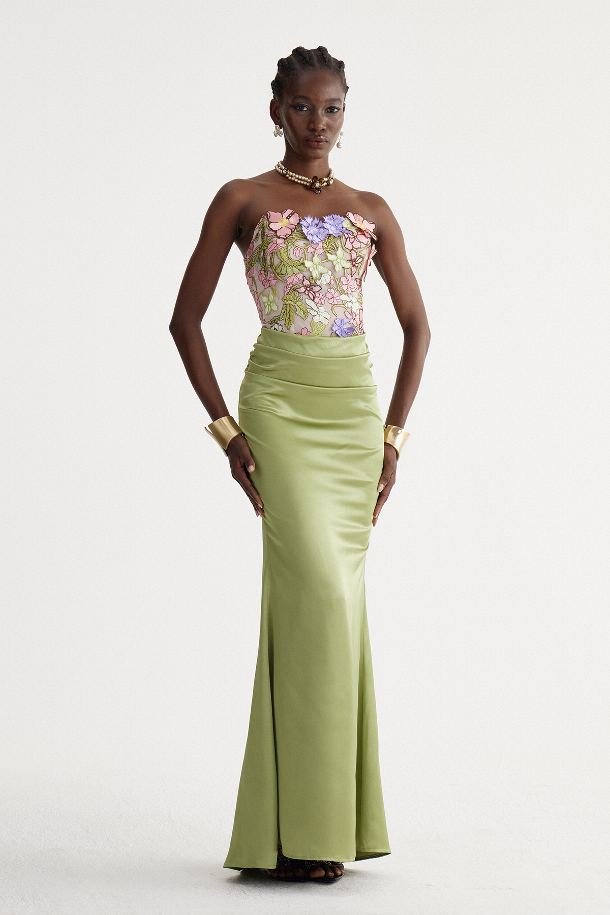 Denica Strapless Floral Satin Maxi Dress