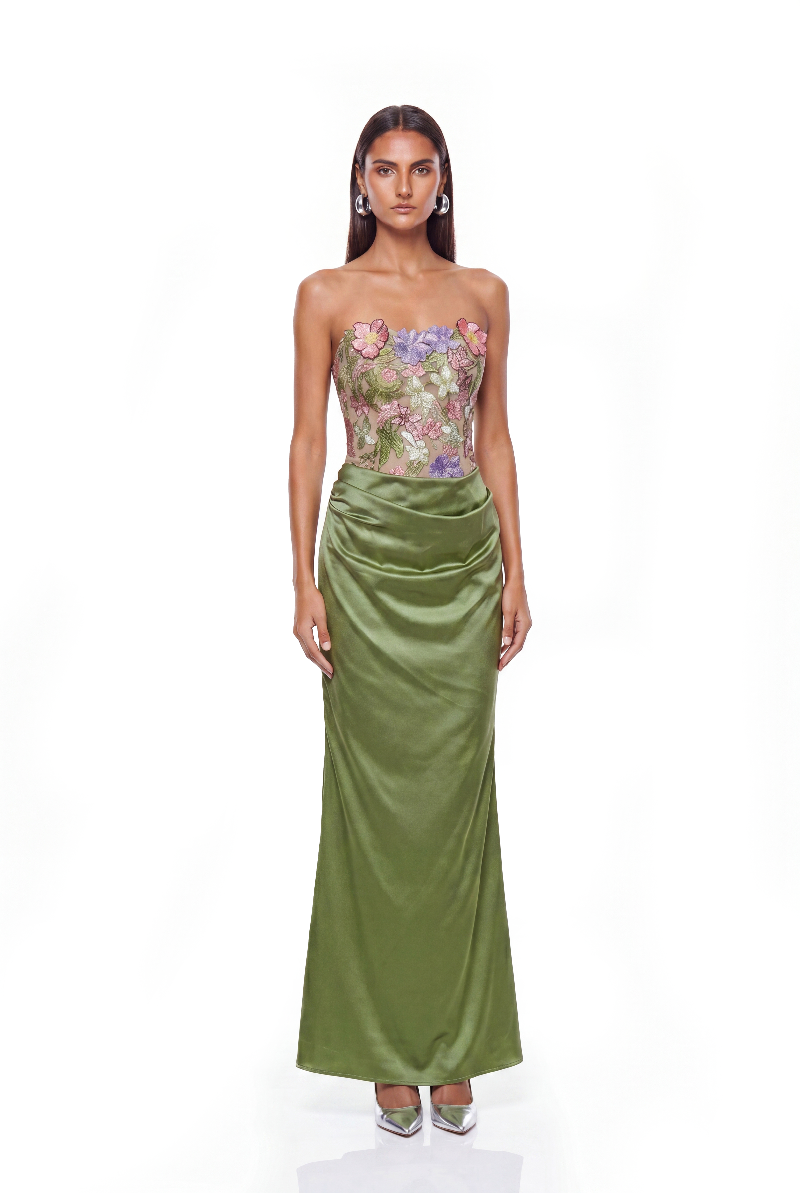 Denica Strapless Floral Satin Maxi Dress