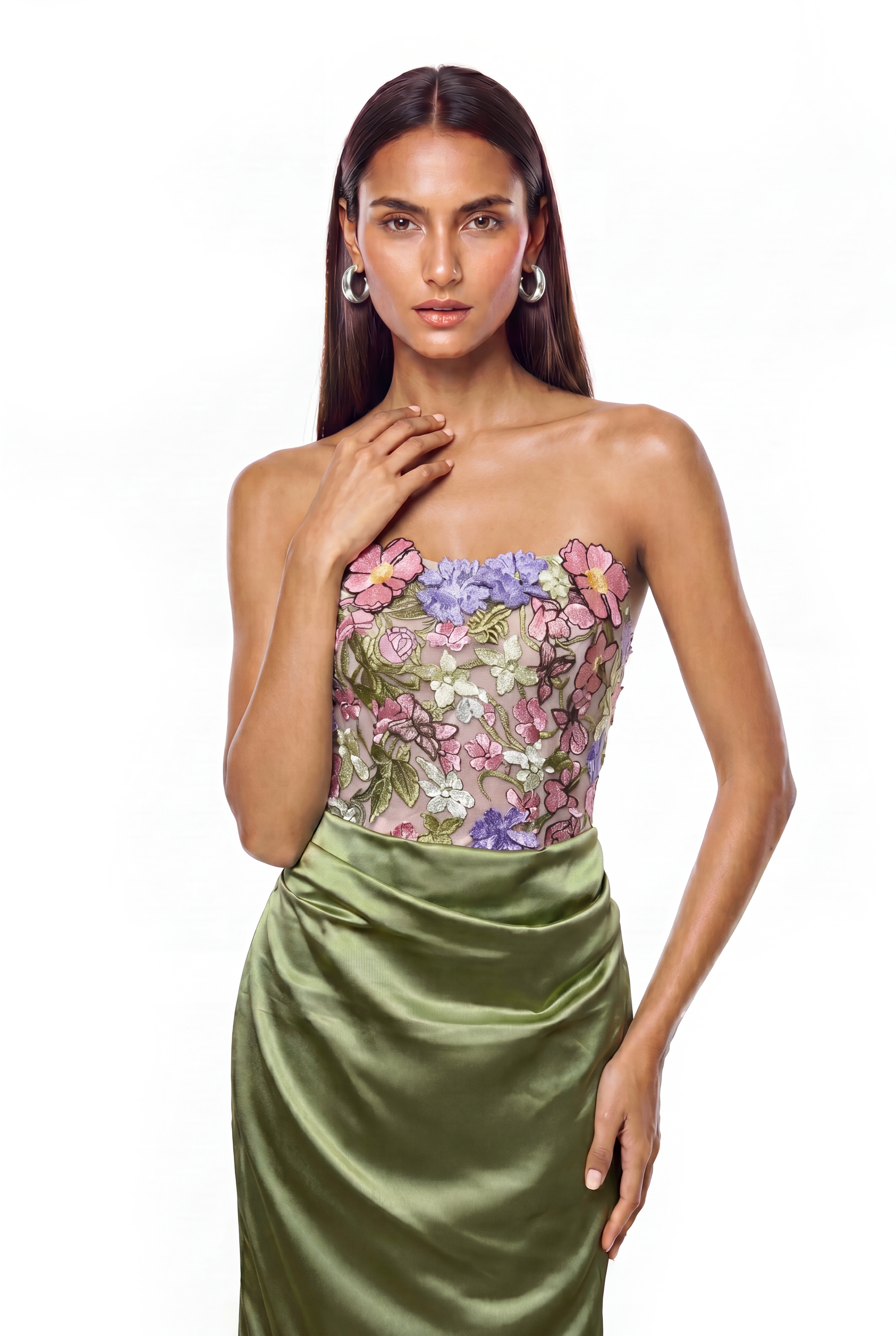 Denica Strapless Floral Satin Maxi Dress