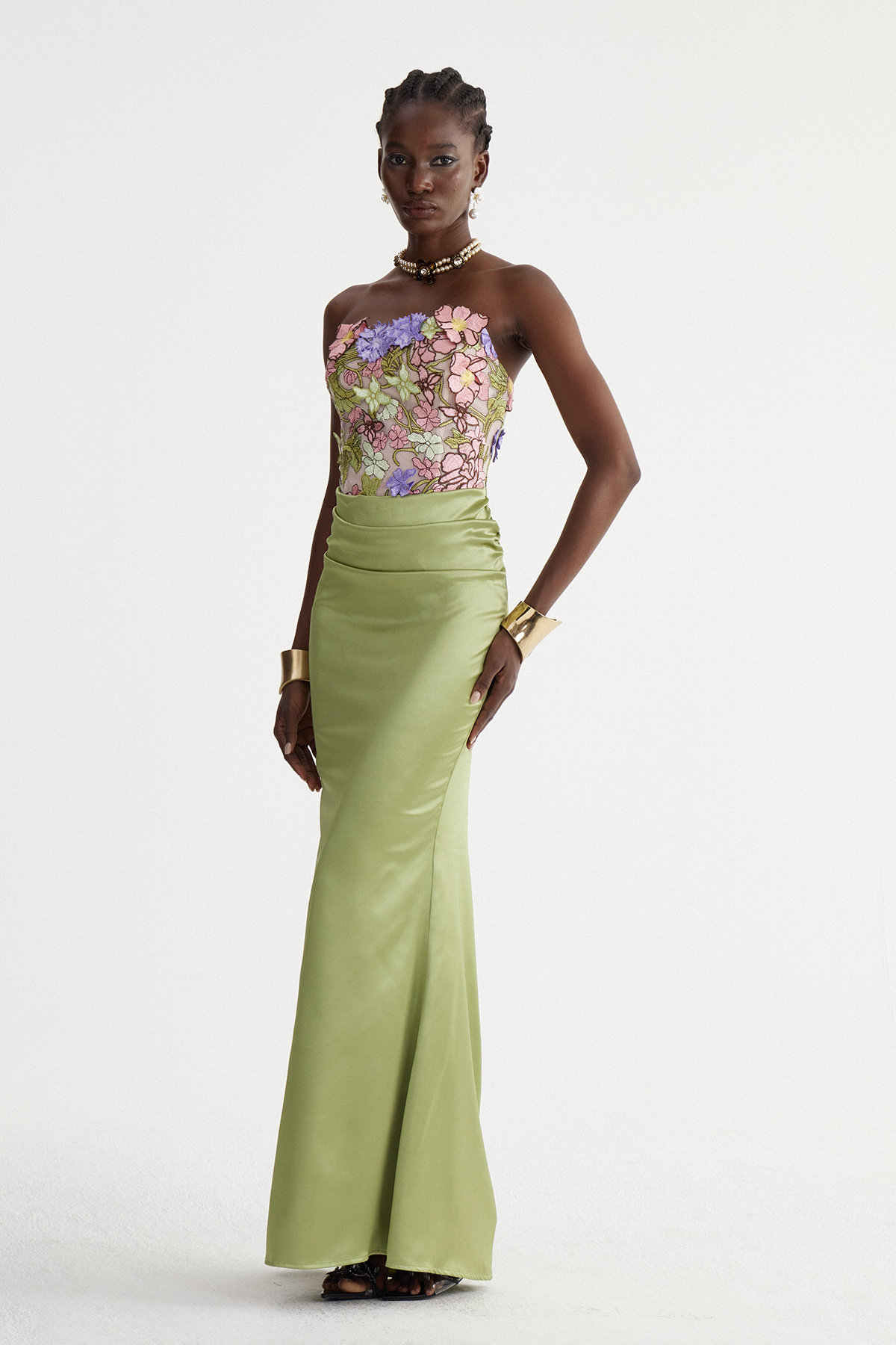 Denica Strapless Floral Satin Maxi Dress