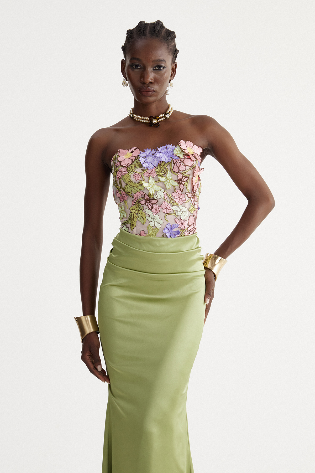 Denica Strapless Floral Satin Maxi Dress