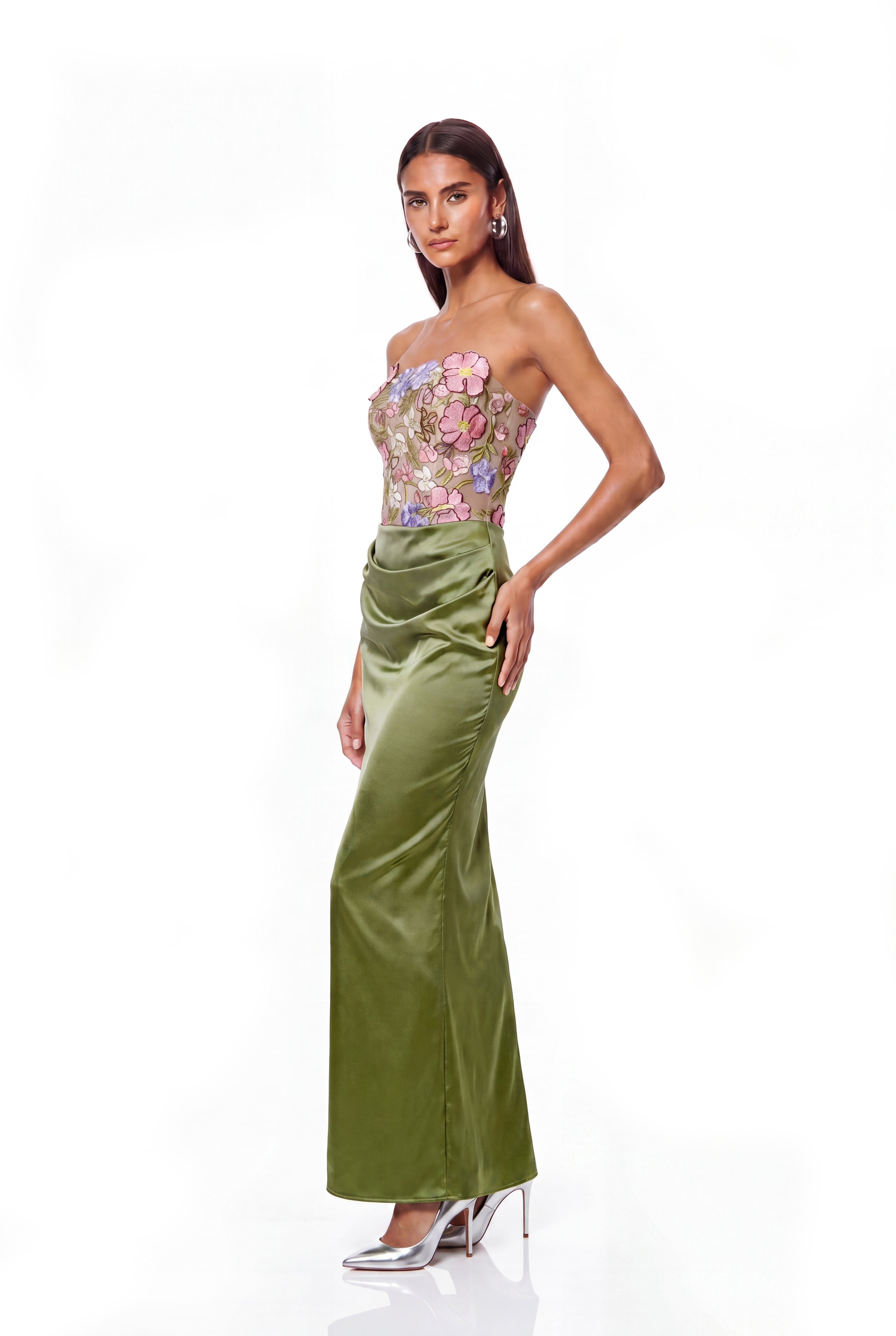 Denica Strapless Floral Satin Maxi Dress