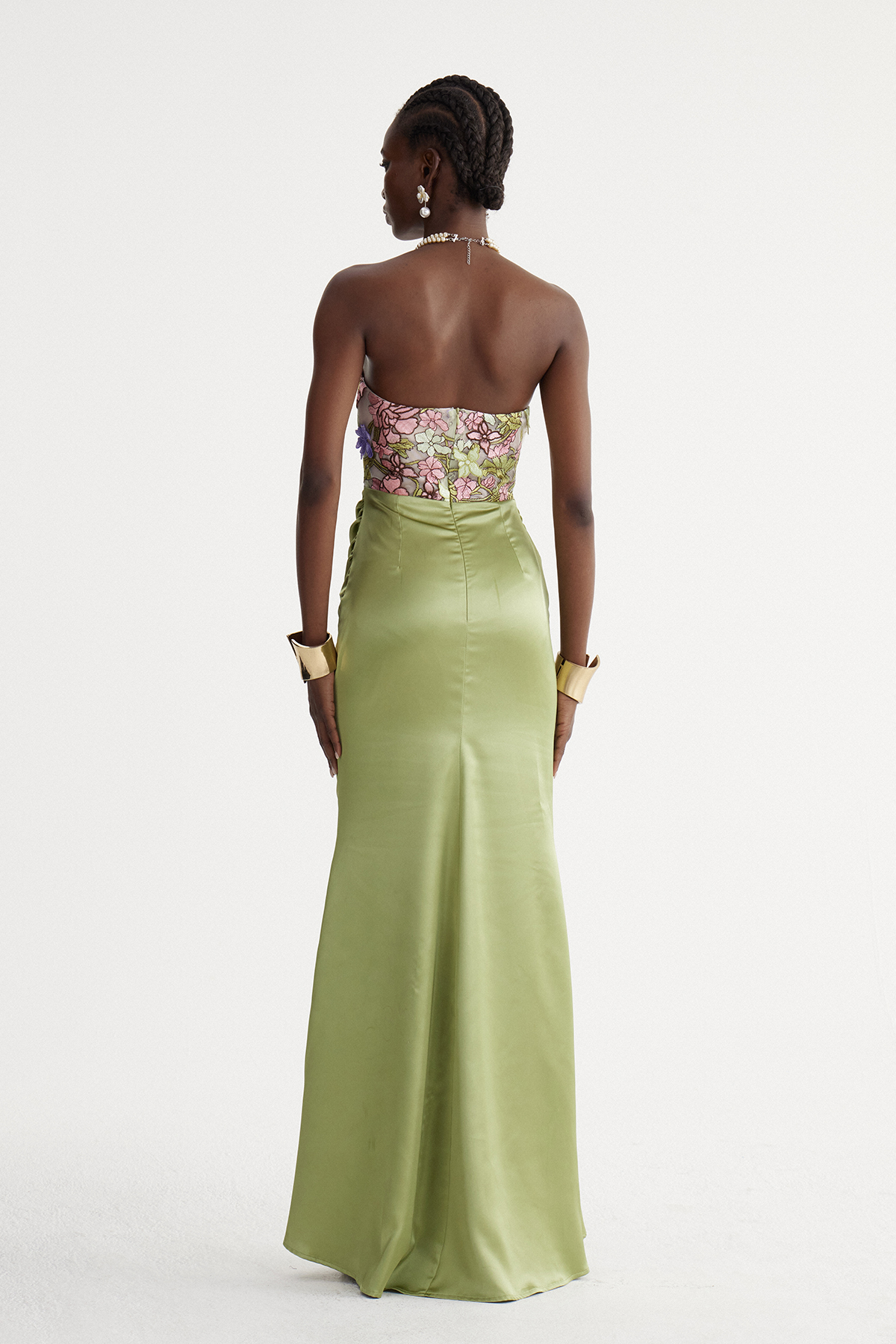 Denica Strapless Floral Satin Maxi Dress
