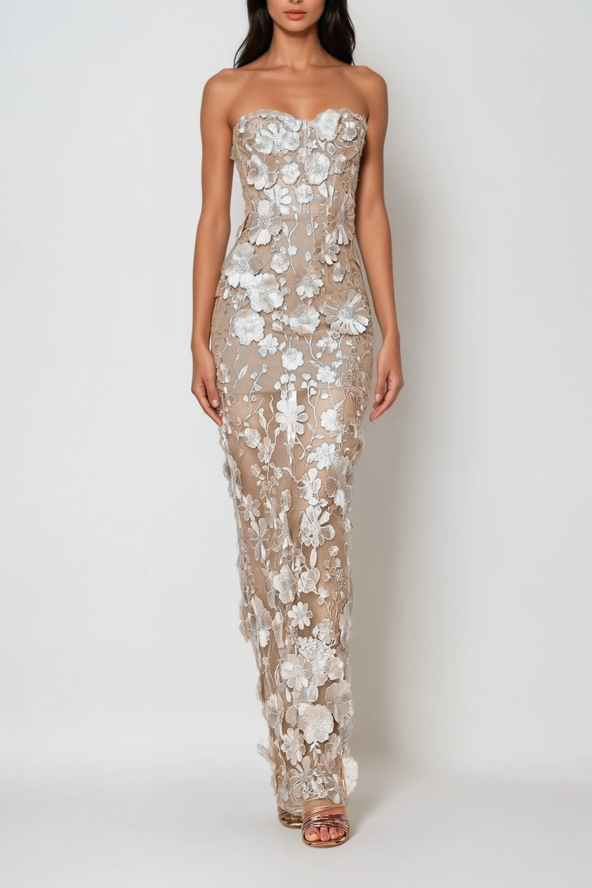 Denica Strapless Flower Maxi Dress In White